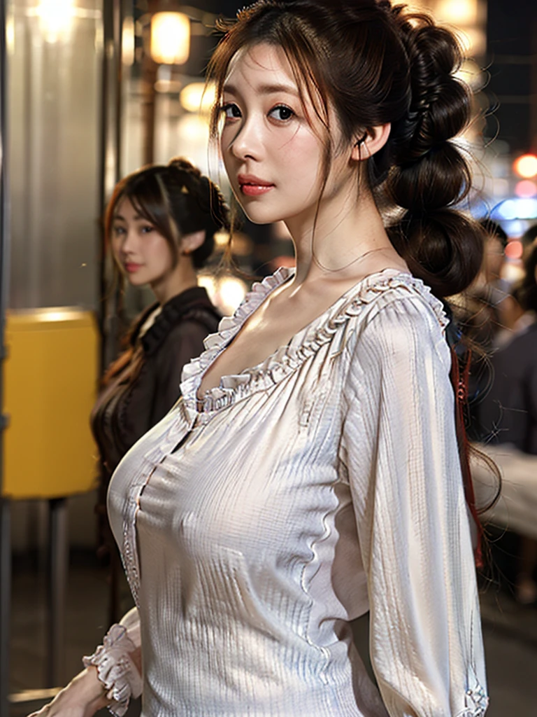 a woman with long hair posing with a long dress on, best quality, 1girl, (oversized dress), huge breast, night, blur background, Tokyo, street,bokeh, (people, crowds:1), (hair up:1.5), (floating hair:1.2), (casual yet stylish, blouse:1.5), (dynamic pose:1), soft lighting, (portrait:0.8), 