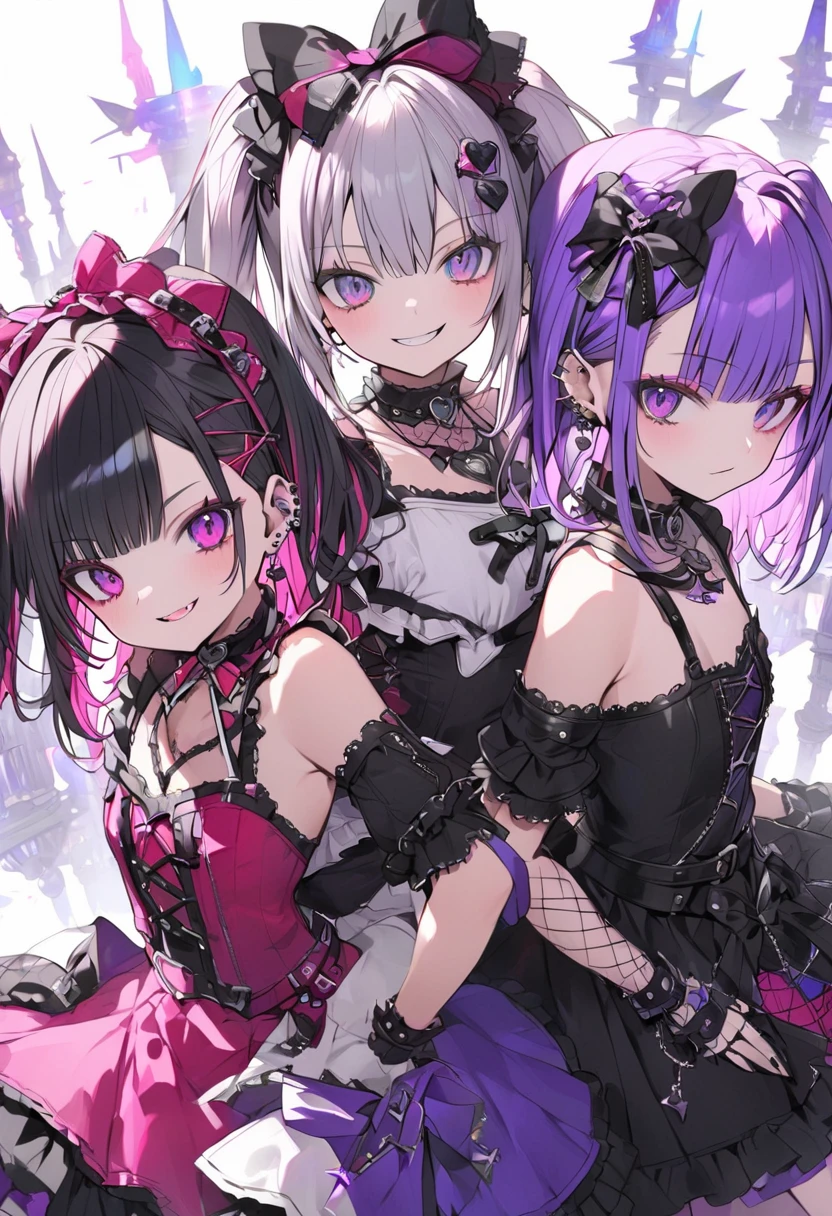 posing,(3 gothic ta punk girls,idol),flat chest,(colorful moonlight:1.2)