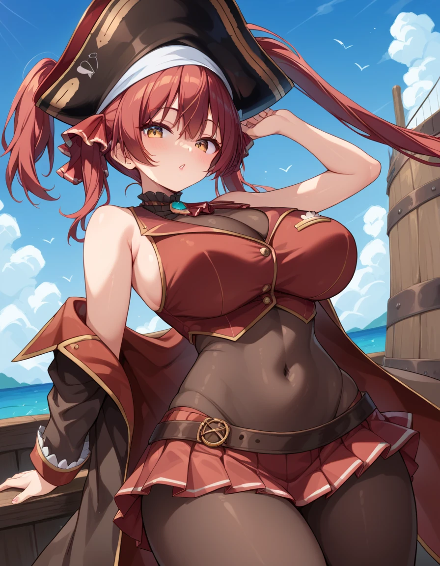 Houshou marine,huge breast,twintail,red short hair,aroused,look at viewer,body stocking,pirate hat,wide hips,standing,red sleeveless tops,red skirt,at pirate ship,surround by pirate