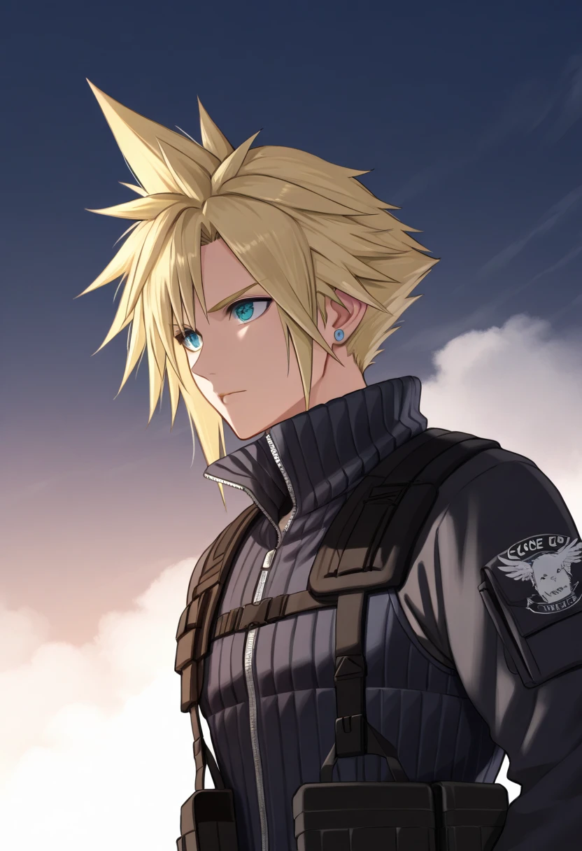 Cloud Strife wearing blue sunglases, wearing black tactical jacket, and black vest, view from the side