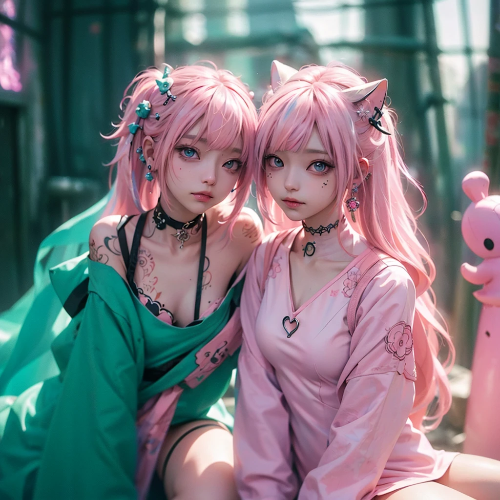 photo depicting moment of love between mother and baby, in forest waterfall, one 17 year old woman, long pink hair with cat ears, big breasts, pink bikini, giving affection your child human,long pink hair, her little baby 3 year