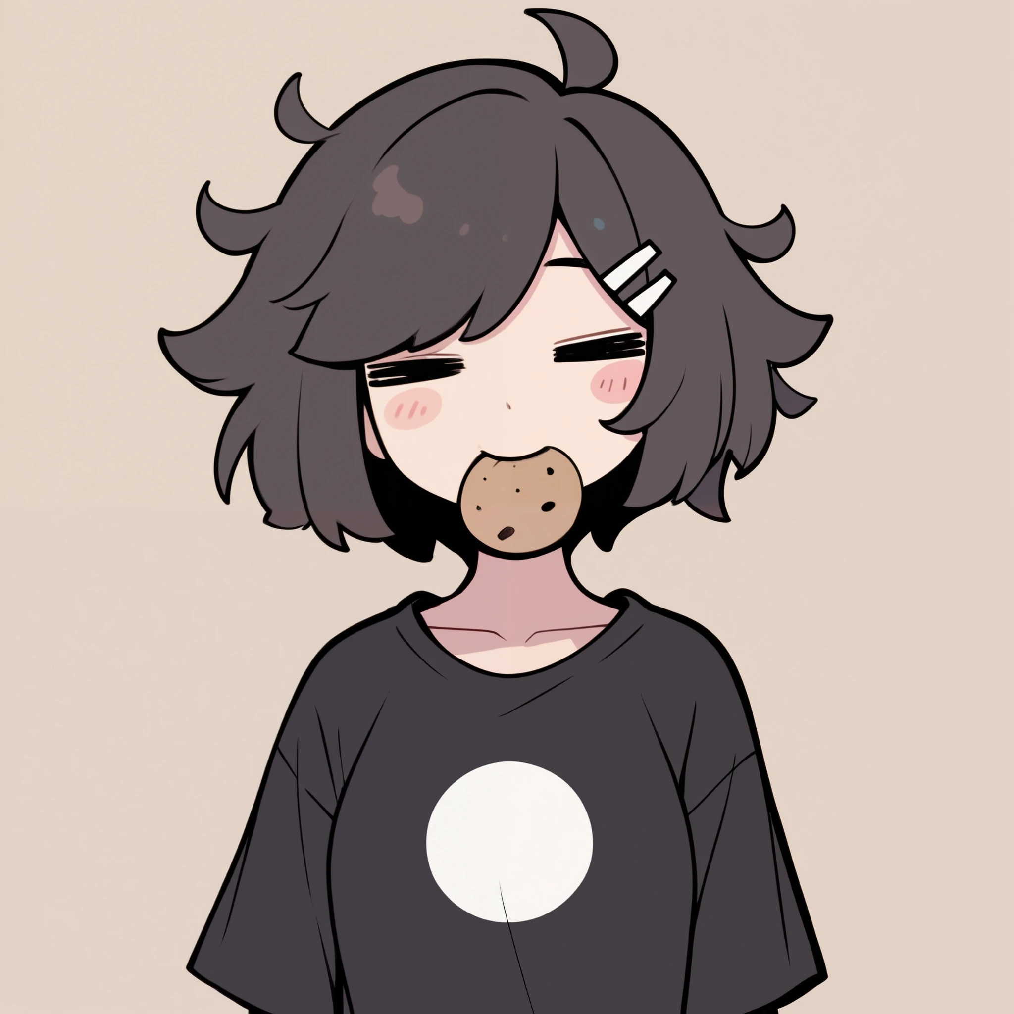 masterpiece, best quality, highres, CartoonyIllustrious, 1girl, solo, eating a cookie, brown hair, short hair, messy hair, ahoge, looking down, food in mouth, holding cookie, black t-shirt, black eyes, black hairclip, simple background, light-brown background, =_=, white circles, upper body, close-up, facing viewer