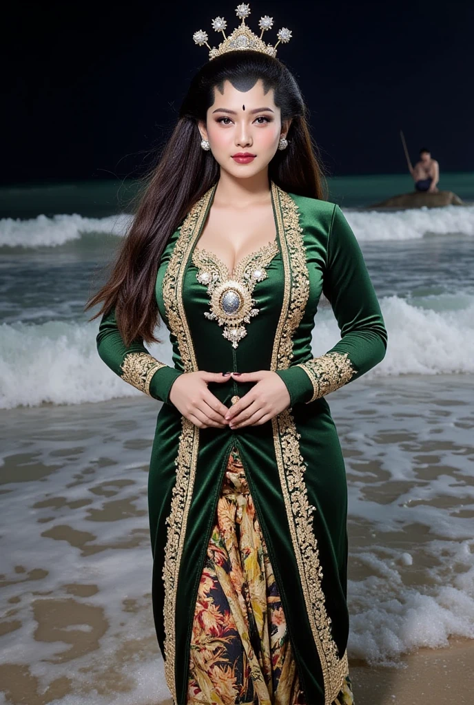  close-up picture . An Indian woman with hair up to her feet. traditional traditional traditional Javanese robe dress green color. .  Traditional Java green batik sarong.  Wearing a green scarf tied to the belly .  silver , cuffs, collar,  with gold crown intricately carved .  in front of the camera . Elegant elegant aesthetic style . nice detail .  And nice .  On The Rock. . Mixed expressions of delight and exaggerated laughter . Arms and Hands holding in front of the camera live. White waves crashing her from behind .  Background in the middle of the blue sea waves flying in the air. Background of man sitting squatting on a fishing rock holding a long pole. No light Dark night . °mix4 , 20d,hyper-realistic:1.37),16K HD.  and her expression a mixture of shock and humor .  in a realistic style ,  but the scene has a funny comic effect and exaggeration adds to the humor of the situation. 