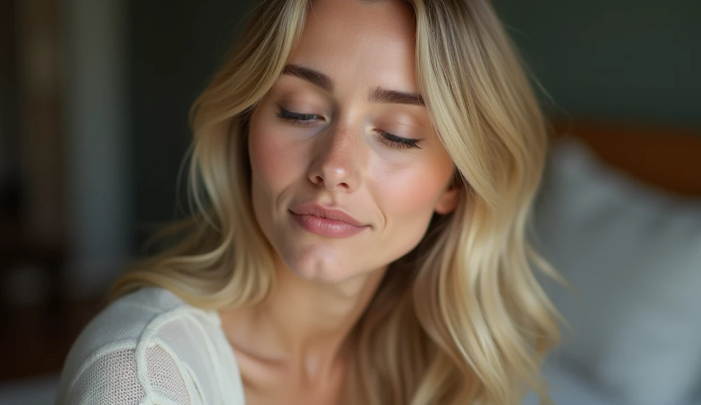 a beautiful blonde woman, sunset, beautiful golden blonde hair, detailed eyes, beautiful detailed lips, extremely detailed face, long eyelashes, beautiful detailed portrait, selfie dans le lit,(best quality,4k,8k,highres,masterpiece:1.2),ultra-detailed,(realistic,photorealistic,photo-realistic:1.37),HDR,studio lighting,ultra-fine painting,sharp focus,physically-based rendering,extreme detail description,professional,vivid colors,bokeh,portrait