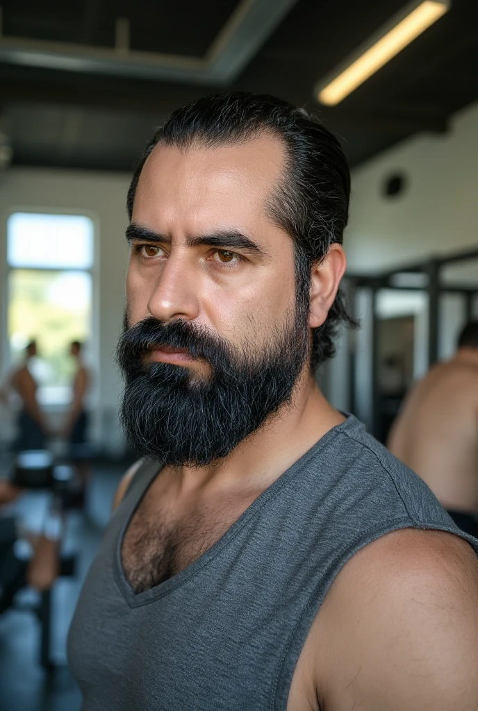 A man aged 30 to 35 ,  with manly features and a well-defined short beard ,  dark hair and hairstyle with a modern and clean style .  He is in a gym illuminated with natural light that enters through large windows ,  surrounded by training machines and weights .  He wears a tight sleeveless t-shirt that highlights his athletic figure ,  with a focus on his serious and concentrated expression .  The background shows typical gym activity , with other people training ,  but the main subject is the focus of the scene . The realistic lighting highlights the details of your face and the dynamic environment of the place.