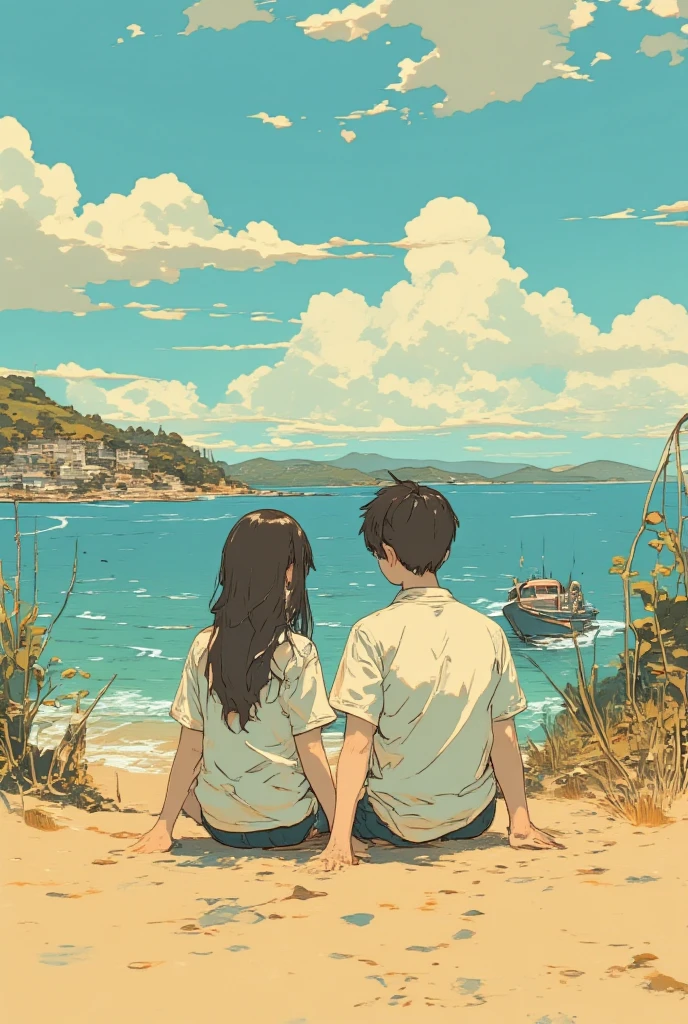  An anime scene of a girl and boy sitting shoulder to shoulder on a sandy beach、atey ghailan 8k、dy atey ghailan、Lofi Art、Colorful anime movie landscape,Lo-fi Girl、anime、 two men and women stand next to each other ,   like a movie screenshot  , looking from shoulder,  photo from behind,  movie screenshot , Full color still images,  Still image from behind ,  very close shot ,  Over-the-Shoulder Shot,,  medium shot taken from behind ,  The background is the ocean and a small island with lots of greenery , a boat crossing between their faces ,Everything but men and women are blurry 