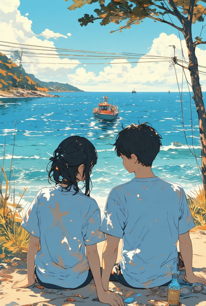  An anime scene of a girl and boy sitting shoulder to shoulder on a sandy beach、atey ghailan 8k、dy atey ghailan、Lofi Art、Colorful anime movie landscape,Lo-fi Girl、anime、 two men and women stand next to each other ,   like a movie screenshot  , looking from shoulder,  photo from behind,  movie screenshot , Full color still images,  Still image from behind ,  very close shot ,  Over-the-Shoulder Shot,,  medium shot taken from behind ,  The background is the ocean and a small island with lots of greenery , a boat crossing between their faces ,Everything but men and women are blurry 