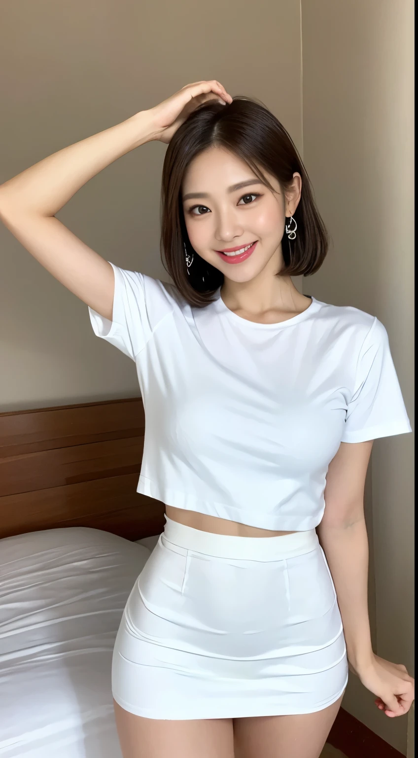 White tight shirt、White tight mini skirt、a bed、a smile、shortsleeves、high-level image quality