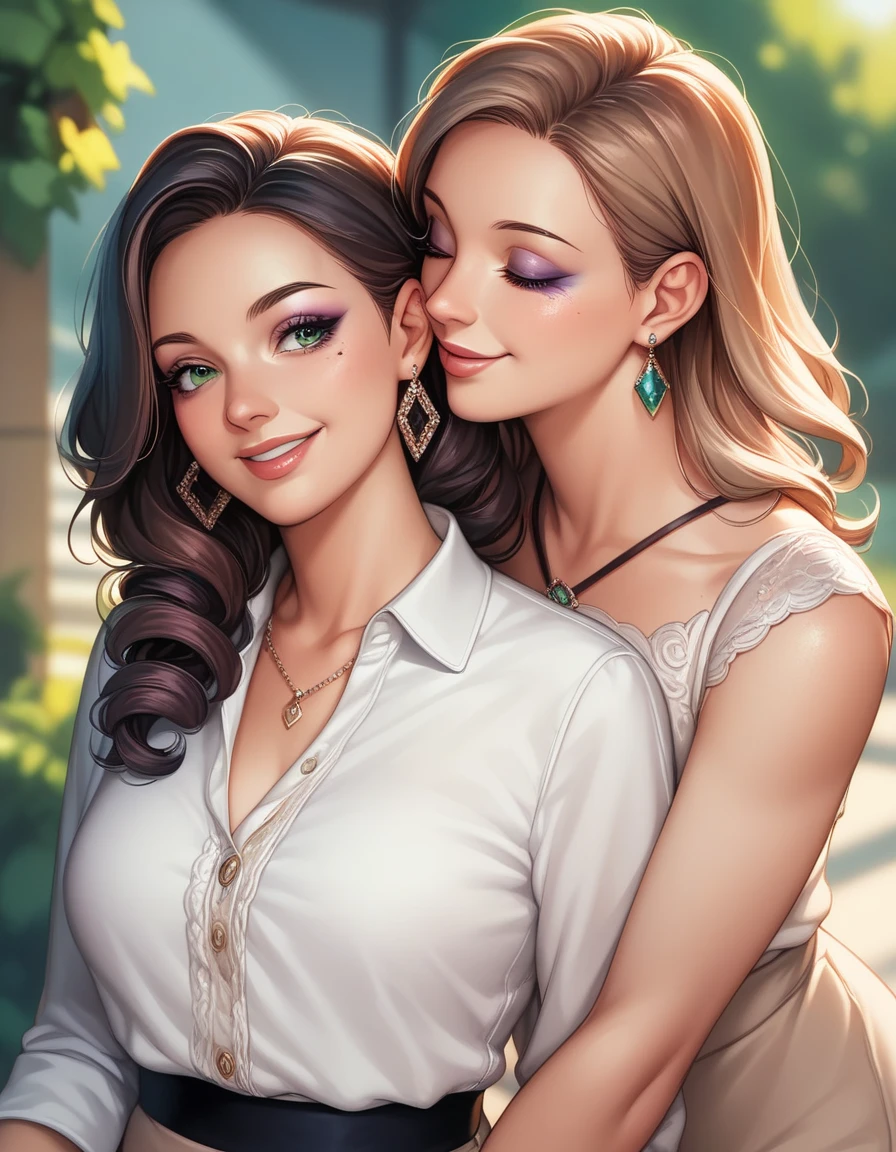(8K, top-quality, masterpiece: 1.2), (reallistic, Photorealistic: 1.2), Two women in love, Deeply embracing each other, Passionately kissing, Nsfw, (Intimate connection: 1.5),

Cleavage pressing against cleavage, Hands roaming freely, skin on skin contact, Gaze locked into each other's,

(Ultra-detailed: 1.3), (Hyper-realistic: 1.2), Fine hairs visible, Sweat glistening on their bodies, Lips parted, Tongues dancing,

(