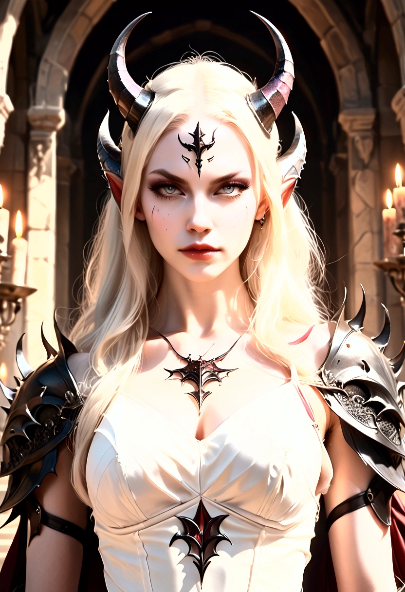 a close up of a woman with a devil's horns on her head, beautiful succubus, succubus, succubus | medieval, with pale skin, pale white skin, succubus in tight short dress, dragon in the background, soft pale white skin, beautiful elegant demon queen, blonde goddess, angelic wings on her back, dragon girl, pale porcelain white skin