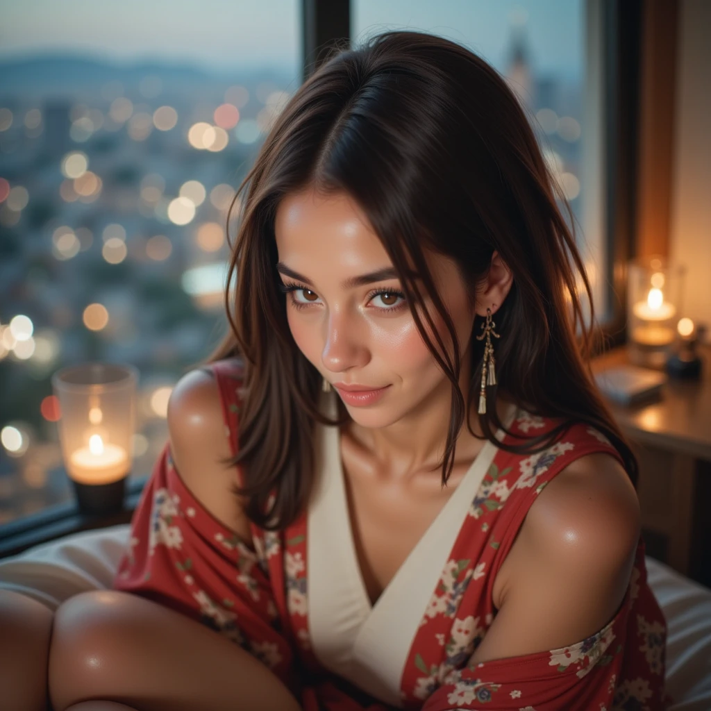  photorealistic, Alone,  beautiful Japanese woman , kimono, Natural appearance, A gentle smile, Impressive Gaze,  traditional hairstyle in kimono , Japanese room at dusk, Sitting by the window ,  Illuminated by city lights , ( Attractive Poses), Professional Photographer,  stylish ,  backlight,