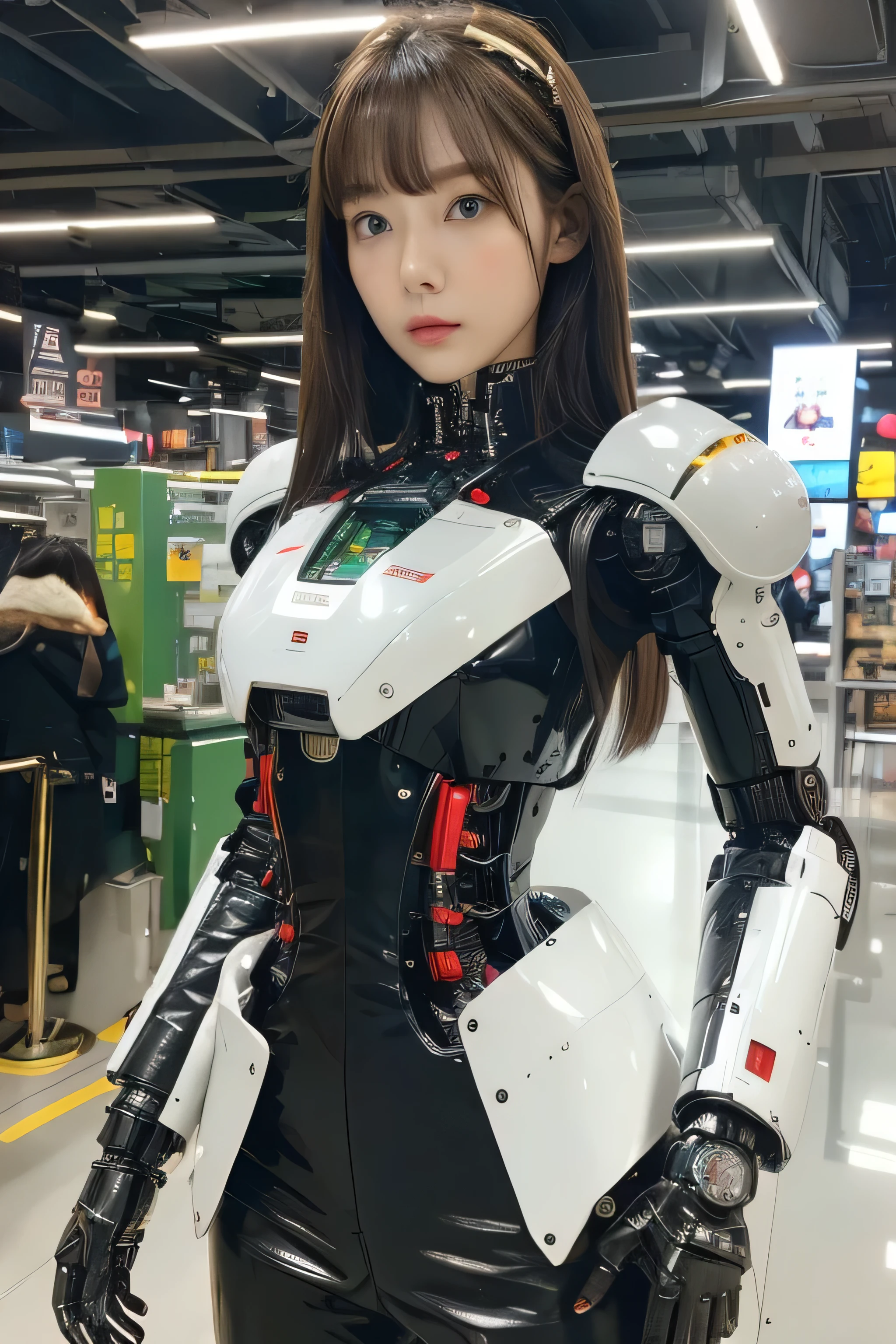 masterpiece, best quality, extremely detailed, Japaese android girl,Plump ,control panels,android,Droid,Mechanical Hand, Robot arms and legs,Blunt bangs,perfect robot girl,long tube,thick cable connected her neck,android,robot,humanoid,cyborg,japanese cyborg girl ,robot-assembly plant,She has assembled now,assembly scene,chest monitor,blue eyes