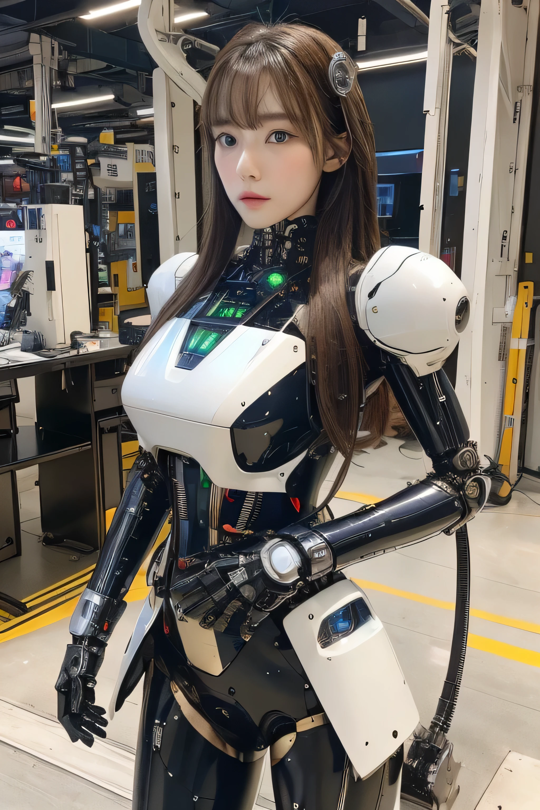 masterpiece, best quality, extremely detailed, Japaese android girl,Plump ,control panels,android,Droid,Mechanical Hand, Robot arms and legs,Blunt bangs,perfect robot girl,long tube,thick cable connected her neck,android,robot,humanoid,cyborg,japanese cyborg girl ,robot-assembly plant,She has assembled now,assembly scene,chest monitor,blue eyes