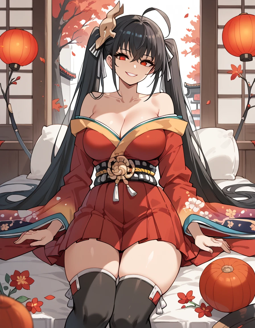 score_9, score_8_up, score_7_up, mlTaiho ,  off shoulder _Short kimono,  long hair ,  black hair,  Twin Tails ,  absolute domain, Wide sleeves,  black thigh high socks,  gigantic_Busty,  hakama short skirt ,  red kimono , red eyes,  hair crossed with bangs  , smile, indoor,  bedroom,  accentuates breasts ,