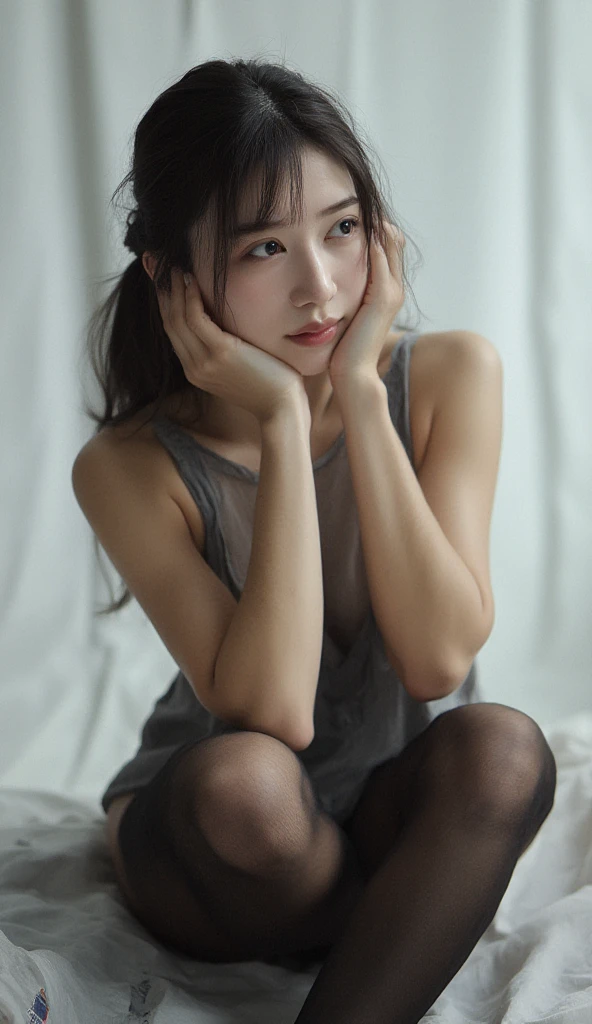 A cute asian woman seated on the floor, dressed in a sheer gray outfit with black stockings, looking contemplative with one hand on her head, set against a plain background.