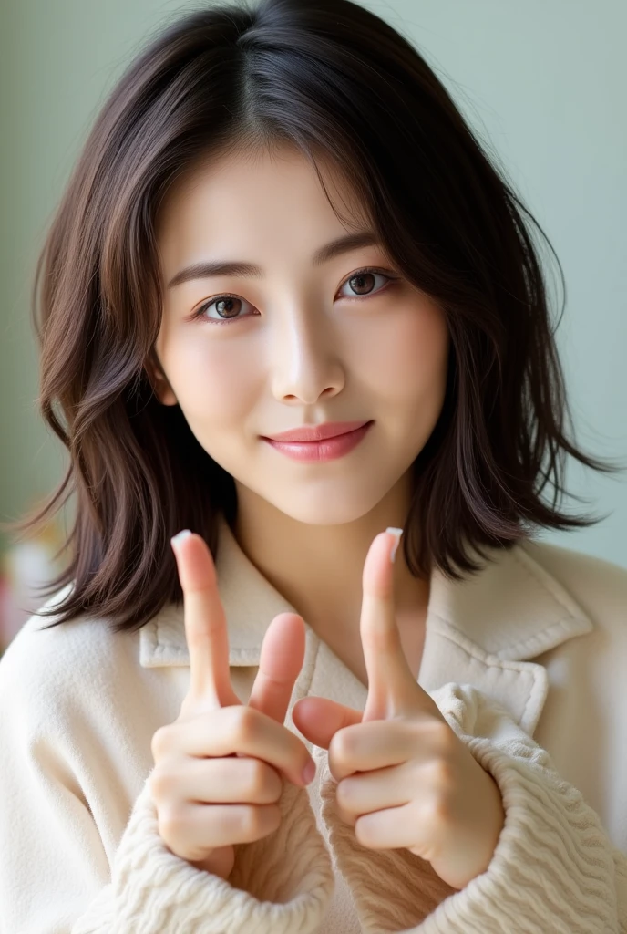 A portrait of an Asian woman in her 20s with medium-length black hair styled in a soft and voluminous manner. She is smiling warmly and facing forward. She is making an 'X' sign by crossing both of her index fingers in front of her. The background is softly lit with natural light, creating a warm and gentle ambiance. The composition is focused on her expression and gesture, with a vertical 9:16 aspect ratio.