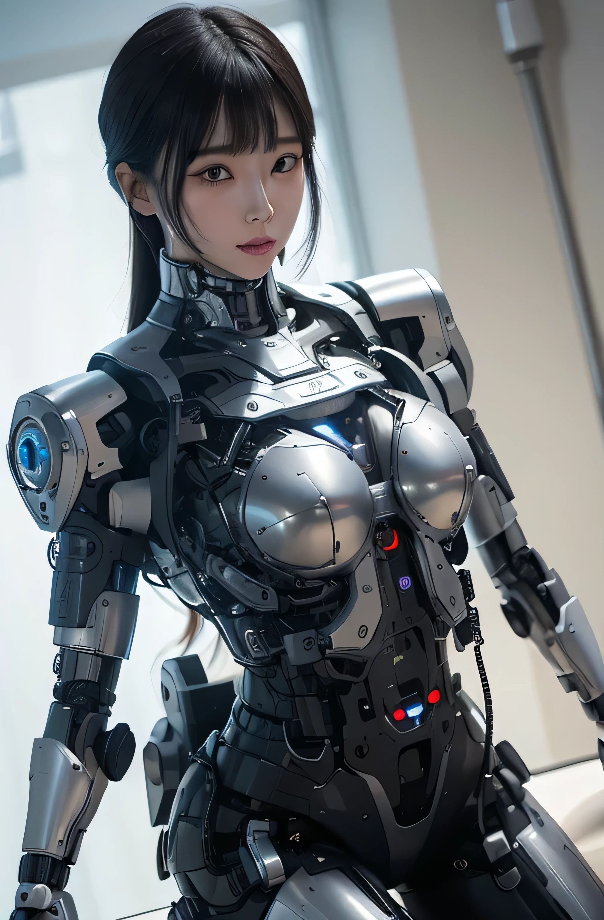 masterpiece, best quality, extremely detailed, korean android woman,Plump , control panels,activate,Squat,android,droid,Mechanical Hand,Robot arms and legs, Black Robot Parts,black hair,darkblack knee high socks,black sponge joints,blunt bangs,white robot body,ceramic body,leather boots,perfect cyborg girl, 20 years old, Intelligent Bionic Robot, Perfect Breast Machine