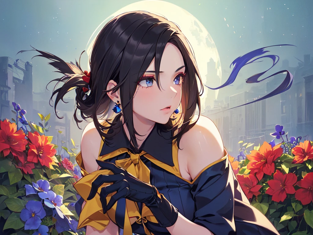 (solo:2), (girl, human ears:2), (leaning forward to accentuate upper body:2), (gentle gaze:2), (long black hair:2), (hair tied in a large blue ribbon:2), (lots of hair accessories:2), (teardrop-shaped earrings:2), (gorgeous blue high-necked collared dress, black opera gloves:2), (surrounded by lots of red flowers:2), (sunset sky, sunset, night sky, night breeze), (((high resolution, masterpiece, accurate, anatomically correct, multiple awards, top quality, detailed, high quality, extremely detailed, ultra high resolution))).