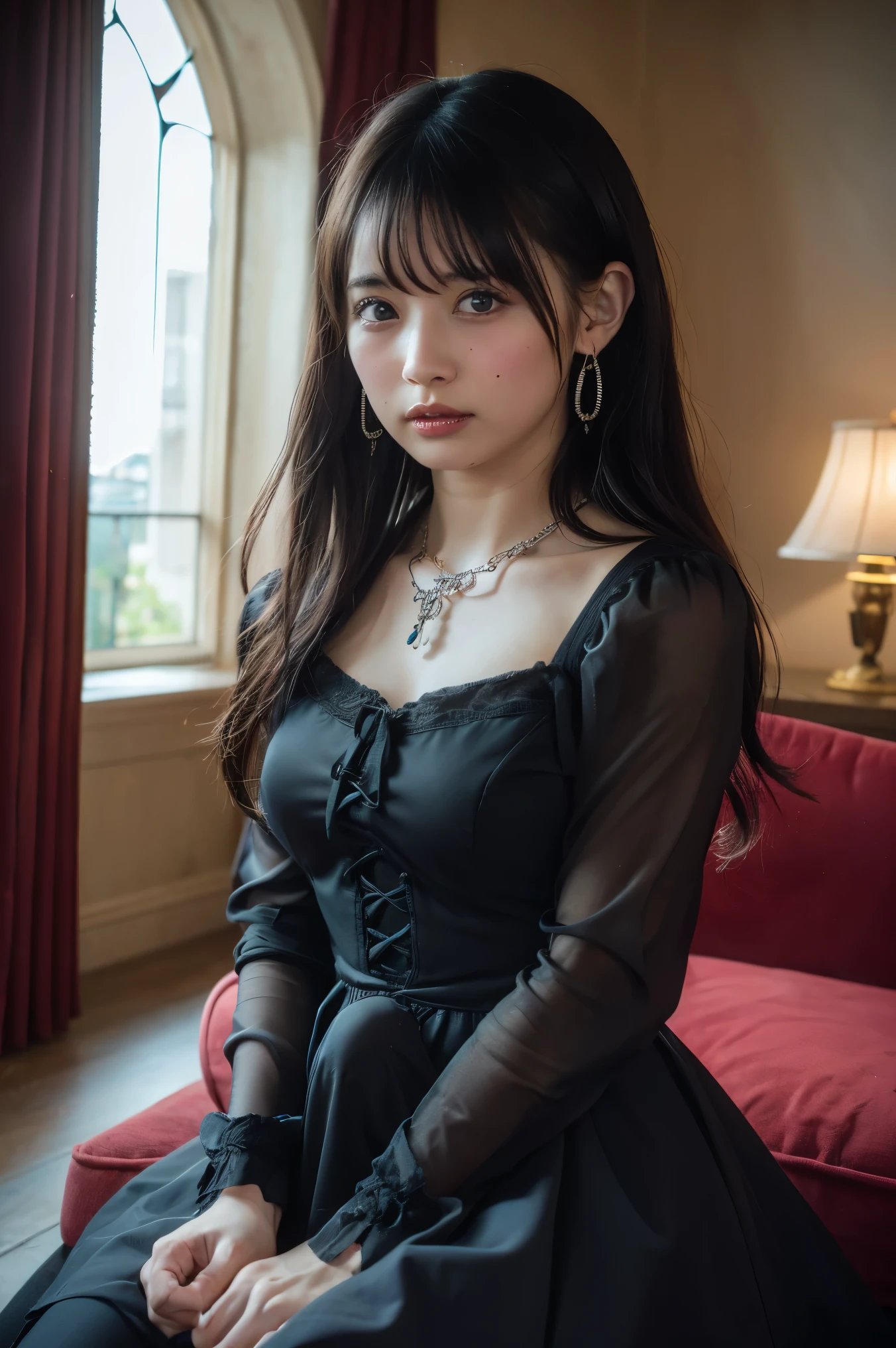Cowboy Shot、(Hairstyle with bangs)、straggling hair、Black Hair、(Hanging Hair)、((widow))、((mourning dress))、((((Black long sleeve mourning clothes))))、(((Japanese-style room)))、((((Funeral))))、((Big Breasts))、Super tight black formal wear、Highest quality,(RAW Photos:1.2)、(Realistic:1.4),(High resolution:1.4), 1 Girl, Written boundary depth,, Exquisitely crafted,8K, Very detailed, Perfect lighting, Spectacular Background、((Delicate painting)),(女の子の詳細なRAW Photos),(Highest quality:1.6), (超High resolution:1.5), (Realistic:1.75), 8K resolution, Canon EOS R5, 50mm, Very detailedな,Cinema Lighting,Correct finger、sit、Pearl Necklace、Pearl Earrings、(Clothing that covers the chest)、((There is a coffin))、((Minimally revealing clothing))、(The altar is decorated with a bouquet of chrysanthemums.)、candlestick、