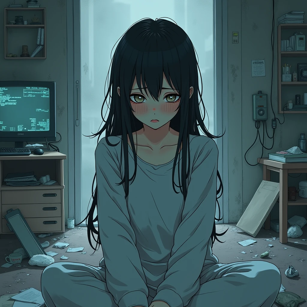 (best quality), (masterpiece),(ultra-detailed:1.2),ultra high res,monochrome ,
(1girl:1.1),horror,(all fours:1.1),horror,(crawling out from the screen:1.1),television in the background,(head down:1.2),
<lora:thering_yamamura:0.8> ,yamamura sadako, pale skin,( hair over eyes:1.1), white dress,
(television:1.1) ,(night:1.2),(blue theme:1.1),(fog:1.2),luminescence,
<lora:display glitch_v1:1> ,display glitch,
<lora:chromatic_aberration_v11:0.95>,
<lora:flat2:-0.4> ,
<lora:LowRa:0.3> ,dark theme,
