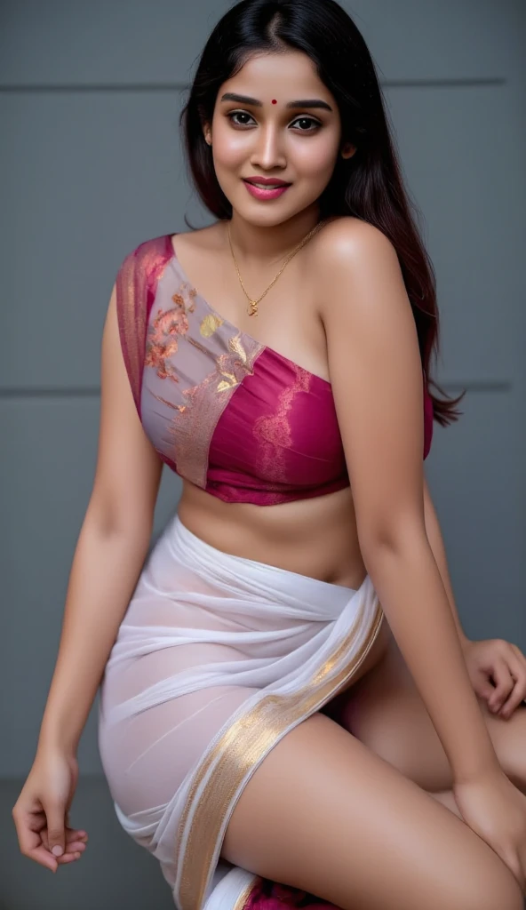 front view, extreme long shot photo of sexy indian, look at viewer and subtle smile, curvy athletic figure, open arms, sexy armpits, sweating, doing push ups in fog, ponytail, necklace, white see through lace bra, pink blouse saree, glossy lips, (cinematic:1.3), intricate details, (ArtStation:1.2)Ponytail, Ponytail, Ponytail, 