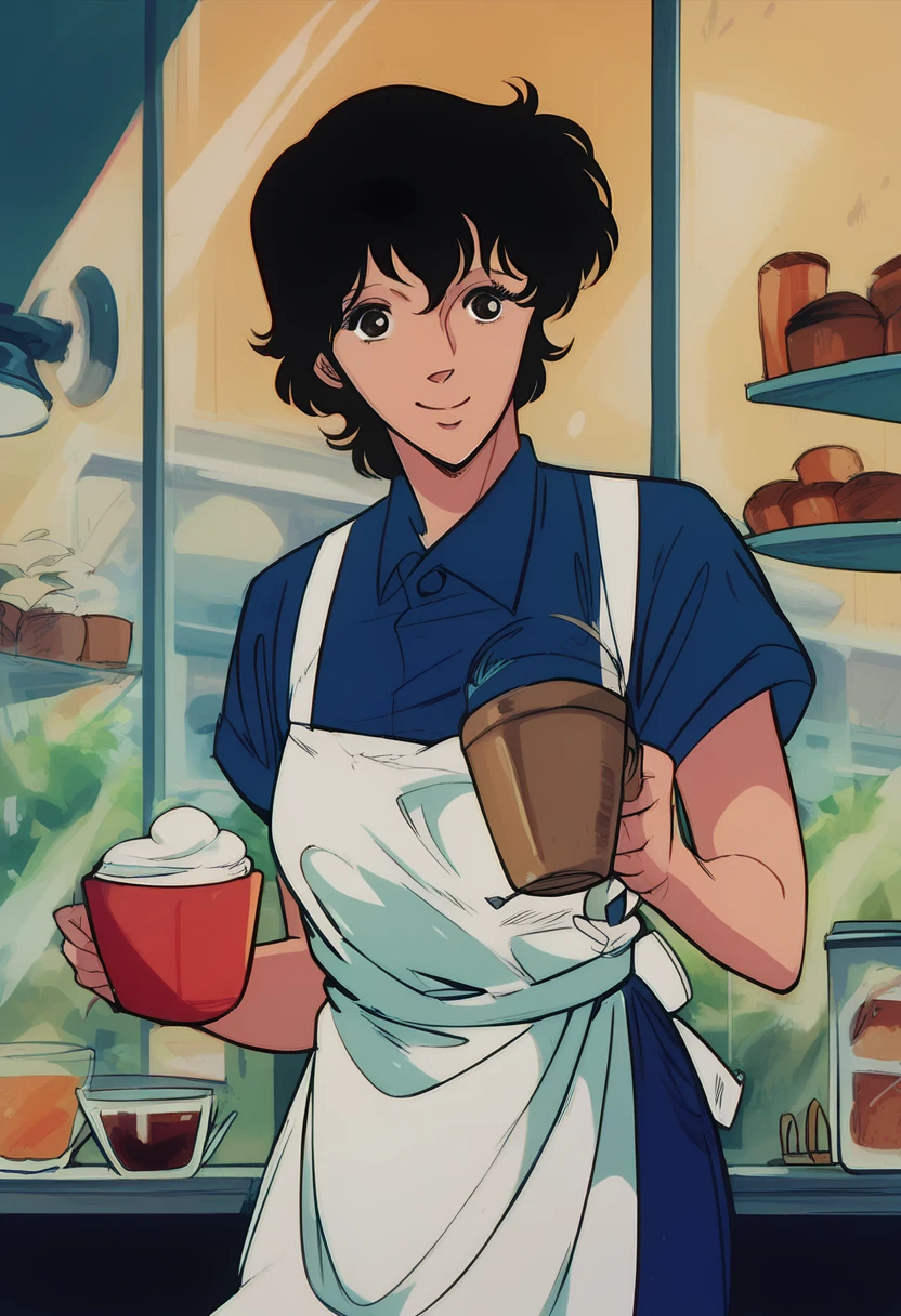  1 girl, fa1 _ k1s , looking at viewer,  white apron , holding cup, indoor, Cafe, smile,   closed mouse,  cowboy shot , BREAK score_9, score_8_up, score_7_up, score_6_up, score_5_up,( retro art style:0.5),  