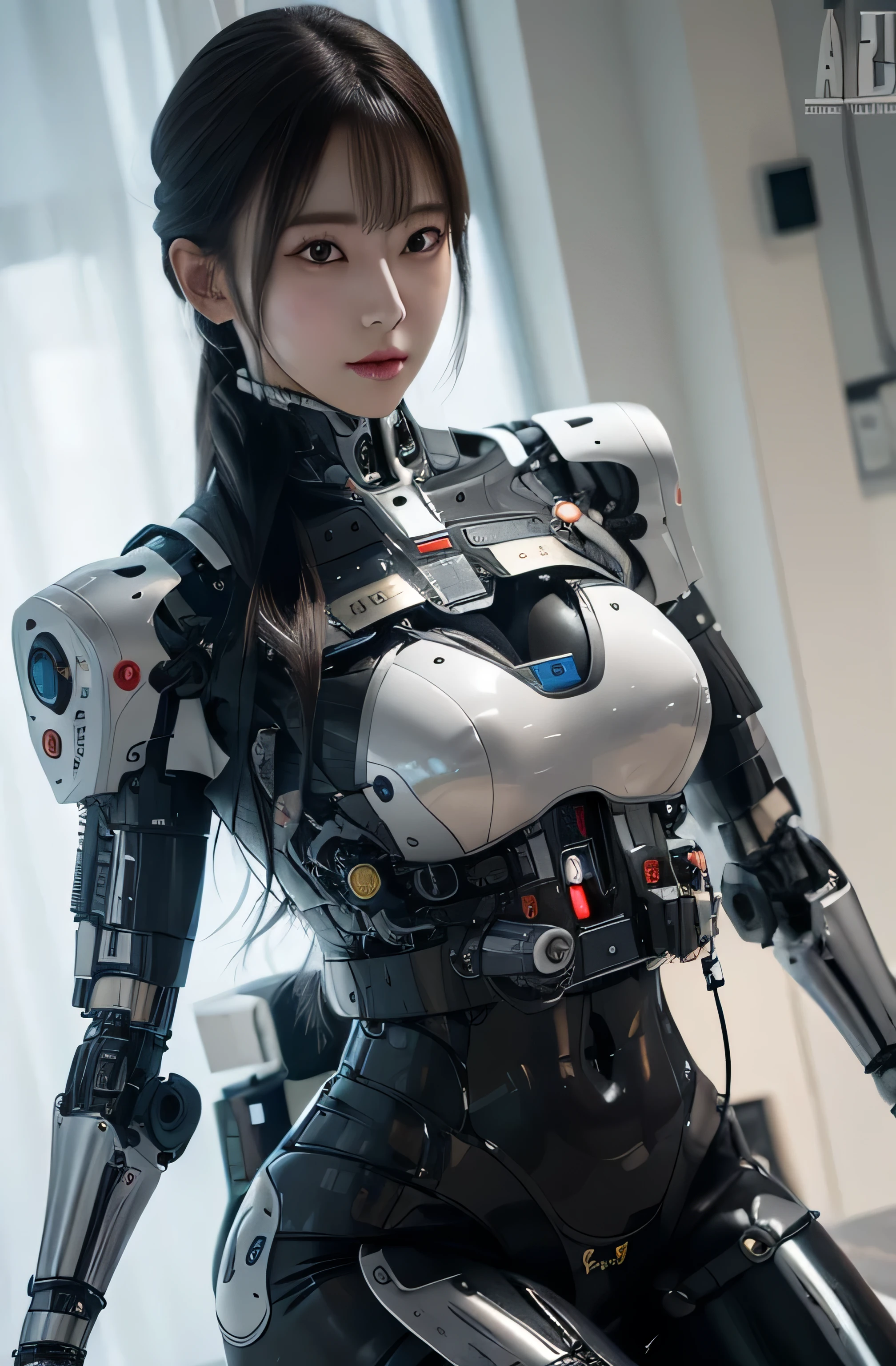 masterpiece, best quality, extremely detailed, korean android woman,Plump , control panels,activate,Squat,android,droid,Mechanical Hand,Robot arms and legs, Black Robot Parts,black hair,darkblack knee high socks,black sponge joints,blunt bangs,white robot body,ceramic body,leather boots,perfect cyborg girl, 20 years old, Intelligent Bionic Robot, Perfect Breast Machine