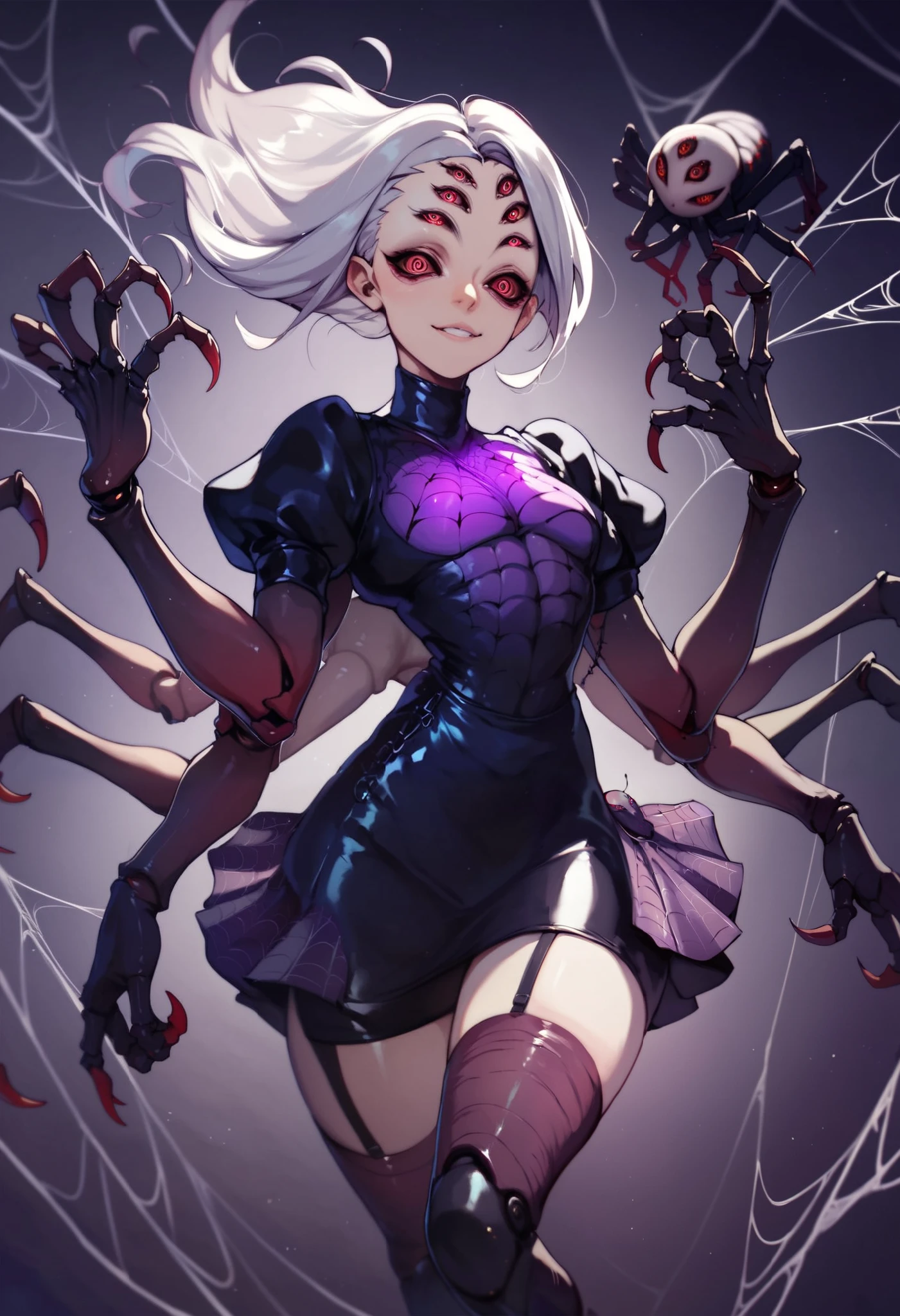 Spider cyborg girl. Many arms. Spider eyes on forehead. Horror eyes. Facial tattoo. Silver hair. Glowing chest. Latex. Black and purple costume. Mechanical skirt. Insect legs from waist. Sharp claws. High leg cut. Dark background.