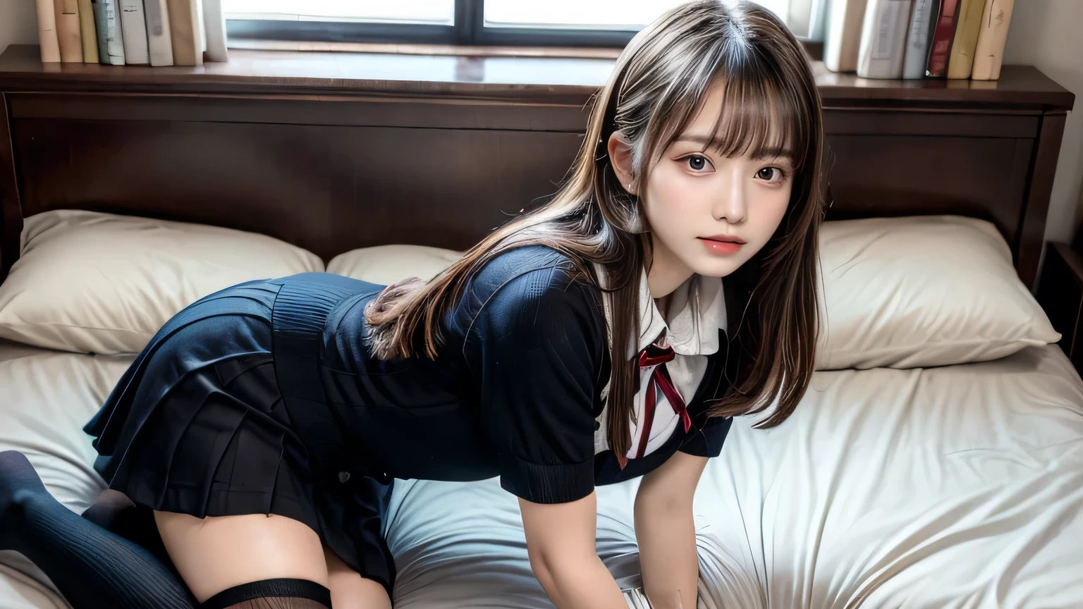 (8k), (highest quality: 1.2), (Realistic), (Realistic: 1.57), 超High resolution,Gal, (Anatomically correct),masterpiece, highest quality, RAW Photos, Beautiful girls, cute like an idol, smile, Written boundary depth, High resolution, 超detailedな, detailed, extremely detailedな顔, Realisticな学生,  Cinema Lighting, (Brown skin color:1.2),alone,woman,(school uniform:1.2),Loose white socks,Medium Shot,(Thighs:1.2),(From the side:1.2),(From above)
