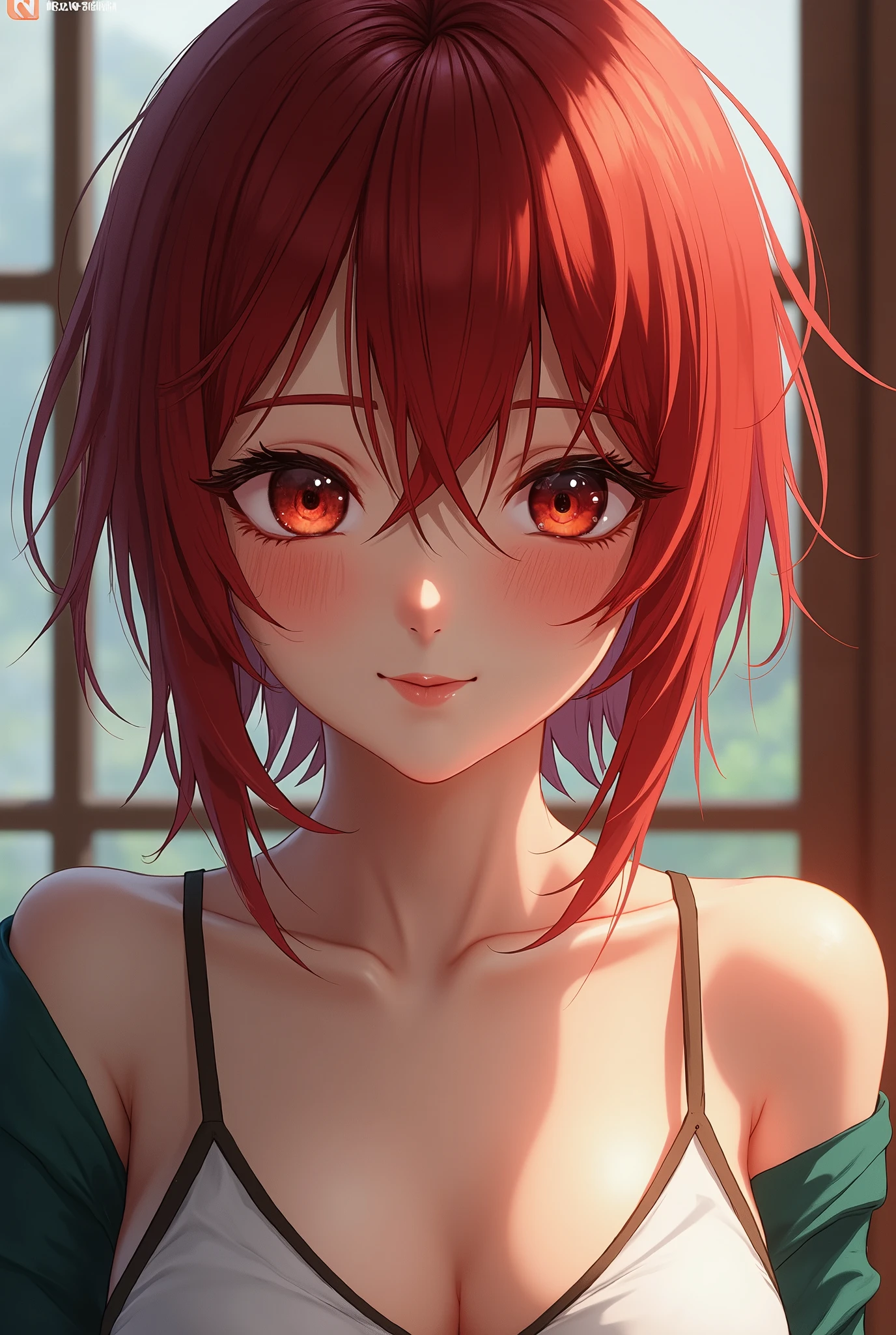  top quality,  realistic ,  very detailed with crimson hair, finely,  high definition , 8k wallpaper,  Beautiful Japanese Women,  sharp concentration,  perfect dynamic configuration , 詳細で realistic な肌の質感,  happy expression, whole body, Messy hairstyle, 