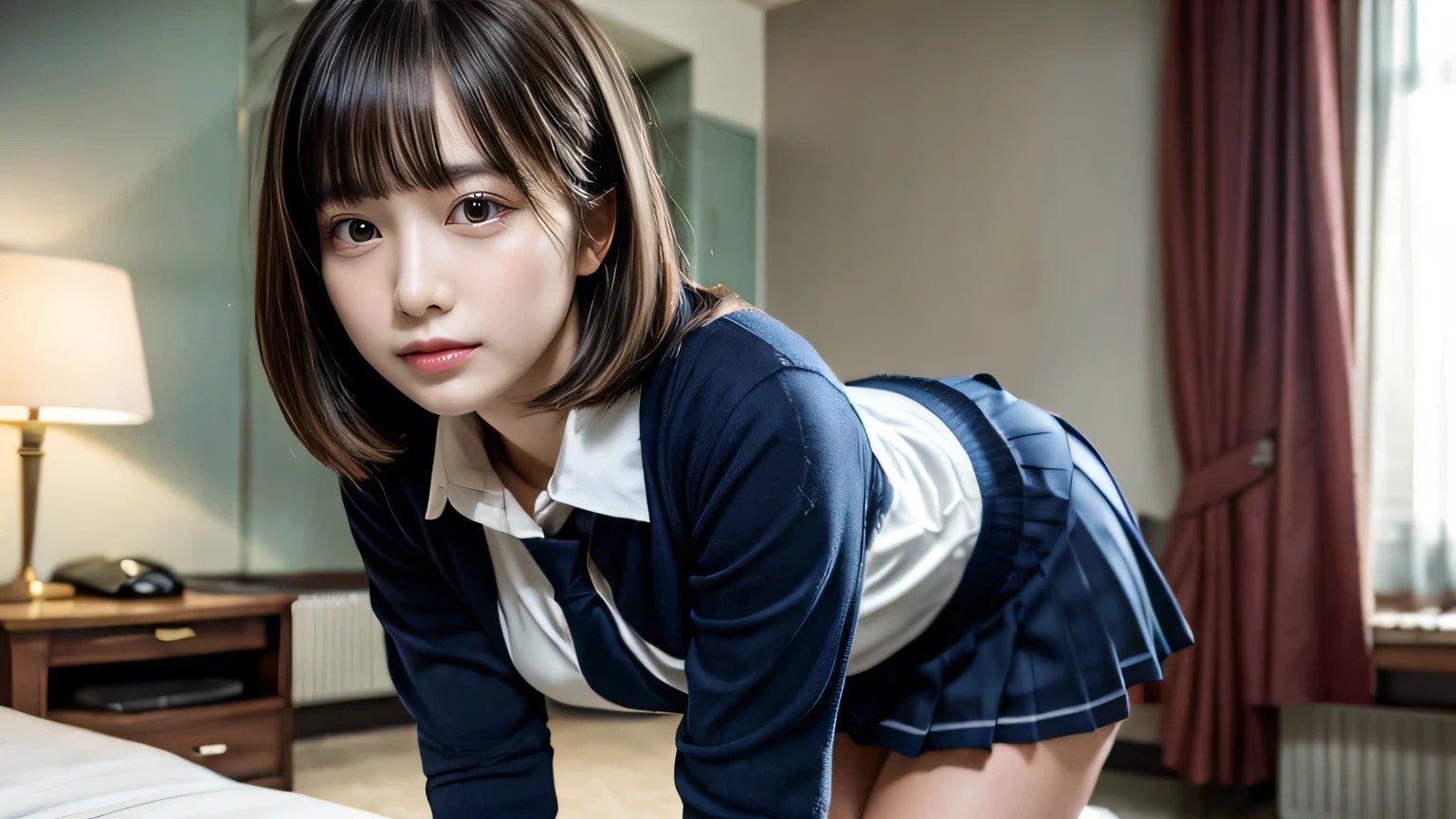 (8K、Original photography、top-quality、tmasterpiece:1.2),looking at viewert,foreground,Tie a side ponytail、let your hair fall down to your chest,bullish,Muchimuchi,,pupils,Light blue bra,white skinned,knees,(black pantyhoses),Huang Li,a small face,small tit,flatchest,Part your bangs in the middle、forehead visible,(A cold expression,tight eyes,glarelight,bullish,Skinny,papers,irate)、tmasterpiece,top-quality、超高分辨率,RAW photogr,allow,Beautiful feces,One guy, 独奏,eye glass,,dark look,Small under breasts,Full body lesbian,Round glasses、Cute little turtle、Return the student,JK school uniform,tall female high school student,A Japanese lady,Eternal,(真实感:1.37)、photon maping,actual、Cute little face,with brown eye、Black socks、(red bowtie)、Radio City、physically-based renderingt、foreground、depth of fields、vague background、photore,Those girls、body,pretty legs, legs long, lean legs,tie hair into a bunch,put it on your chest,(Bangs are clearly visible), the hair, Open your lips, blue_There are eyes, nose software,(light blue blouse), (Navy and white plaid pleated skirt), Knees are visible,transparent costume,, upper legs, Black cotton socks,乃木坂アイドル, actor, Japanese Ido