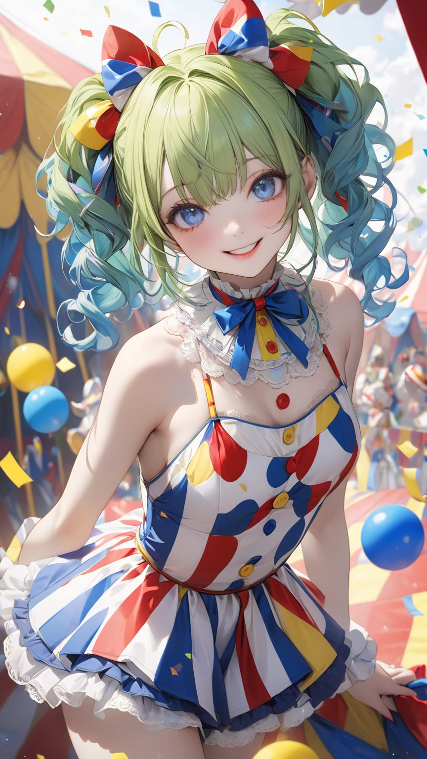 Model : LastpieceCoreXL
design art, cinematic lighting, artistic picture,Ueno Park, 1 girl, full body, smiling beautiful girl holding 100 balloons, (blond hair, twin tails) (huge breasts: 1.3, cleavage),  exposed, colorful Clown outfit, super detailed face, detailed eyes, double eyelids, eye catch, long eyelashes, front angle, fill light is reflected light from reflex plate, 85 mm, background blur.