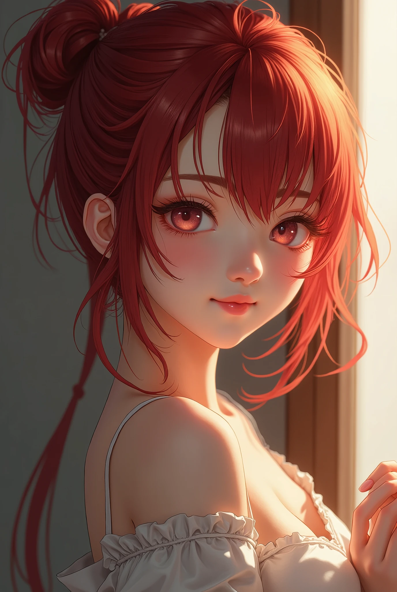  top quality,  realistic ,  very detailed with crimson hair, finely,  high definition , 8k wallpaper,  Beautiful Japanese Women,  sharp concentration,  perfect dynamic configuration , 詳細で realistic な肌の質感,  happy expression, whole body, Messy hairstyle, 