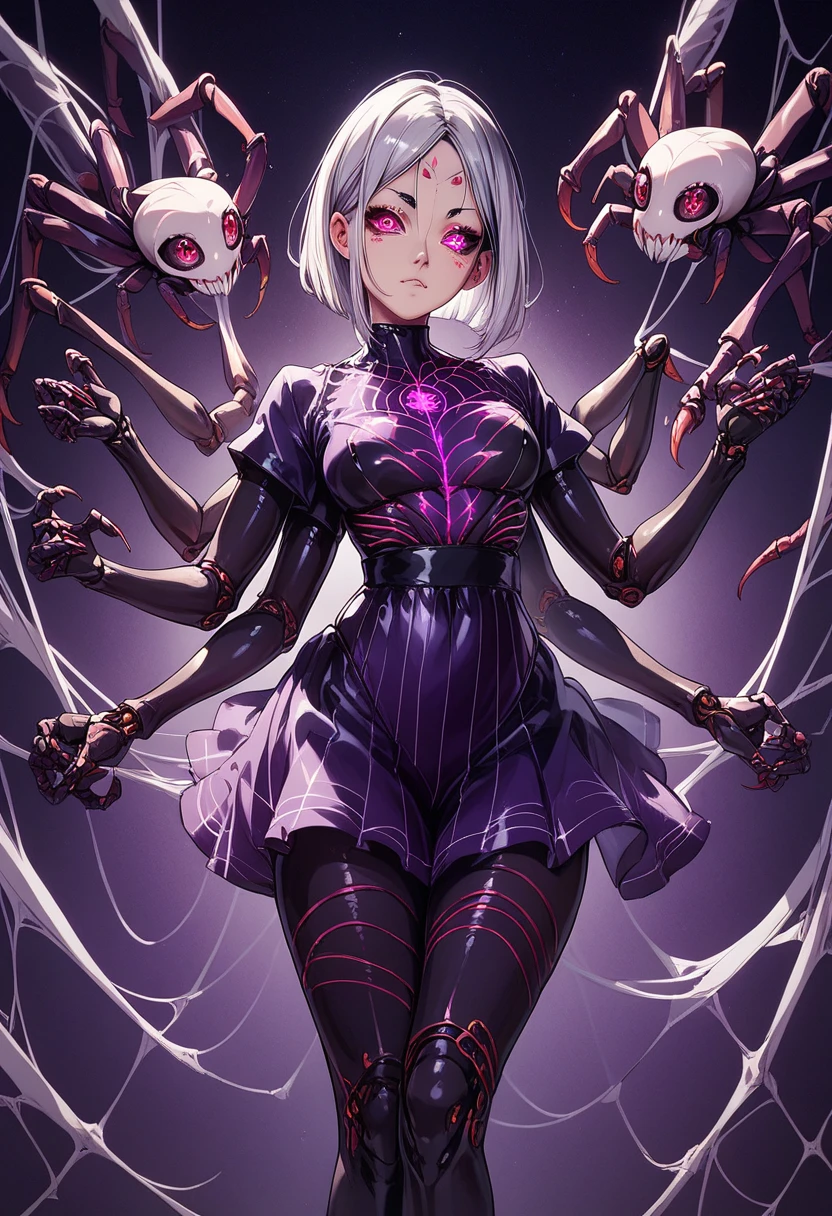 Spider cyborg girl. Many arms. Spider eyes on forehead. Horror eyes. Facial tattoo. Silver hair. Glowing chest. Latex. Black and purple costume. Mechanical skirt. Insect legs from waist. Sharp claws. High leg cut. Dark background.