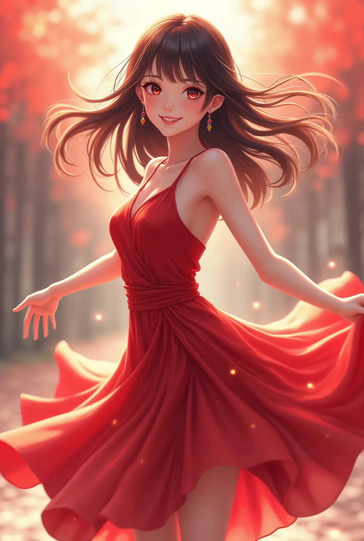  top quality,  realistic ,  very detailed with crimson hair, finely,  high definition , 8k wallpaper,  Beautiful Japanese Women, The most beautiful cartoon beauty, Anime Beauty, Beautiful thin eyes,  earrings, Light brown-black hair,  Moving Pose , ダンスのような,  red long dress like a dance,  happy expression, whole body, The cutest face, 