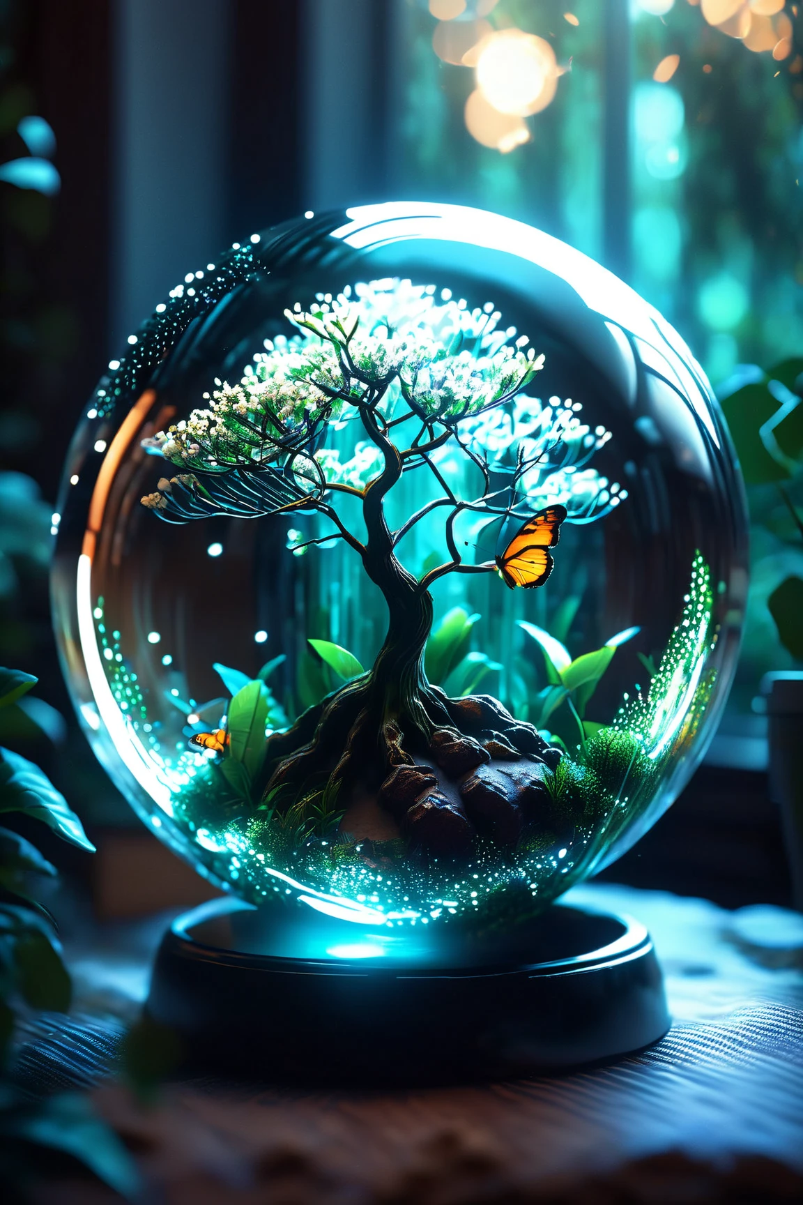 (masterpiece),(best quality:1.0), (ultra highres,), detailed, a glass ball with a tree inside of it, digital art, cg society contest winner, butterflies and sunrays, concept art design illustration, beautiful glowing digital illustration, closed ecosystem, glowing neon, reflective glass ball, 8k, Photorealistic,Hyperdetailed, Pixel assets, portrait photography, cinematic portrait, cinematic photography, cinematic lighting, attention to detail, cinematic, cinematography, realism, ultra detailed and intricately created patterns outsidevthe glass ball. UHDR , Award Winning, masterpiece 