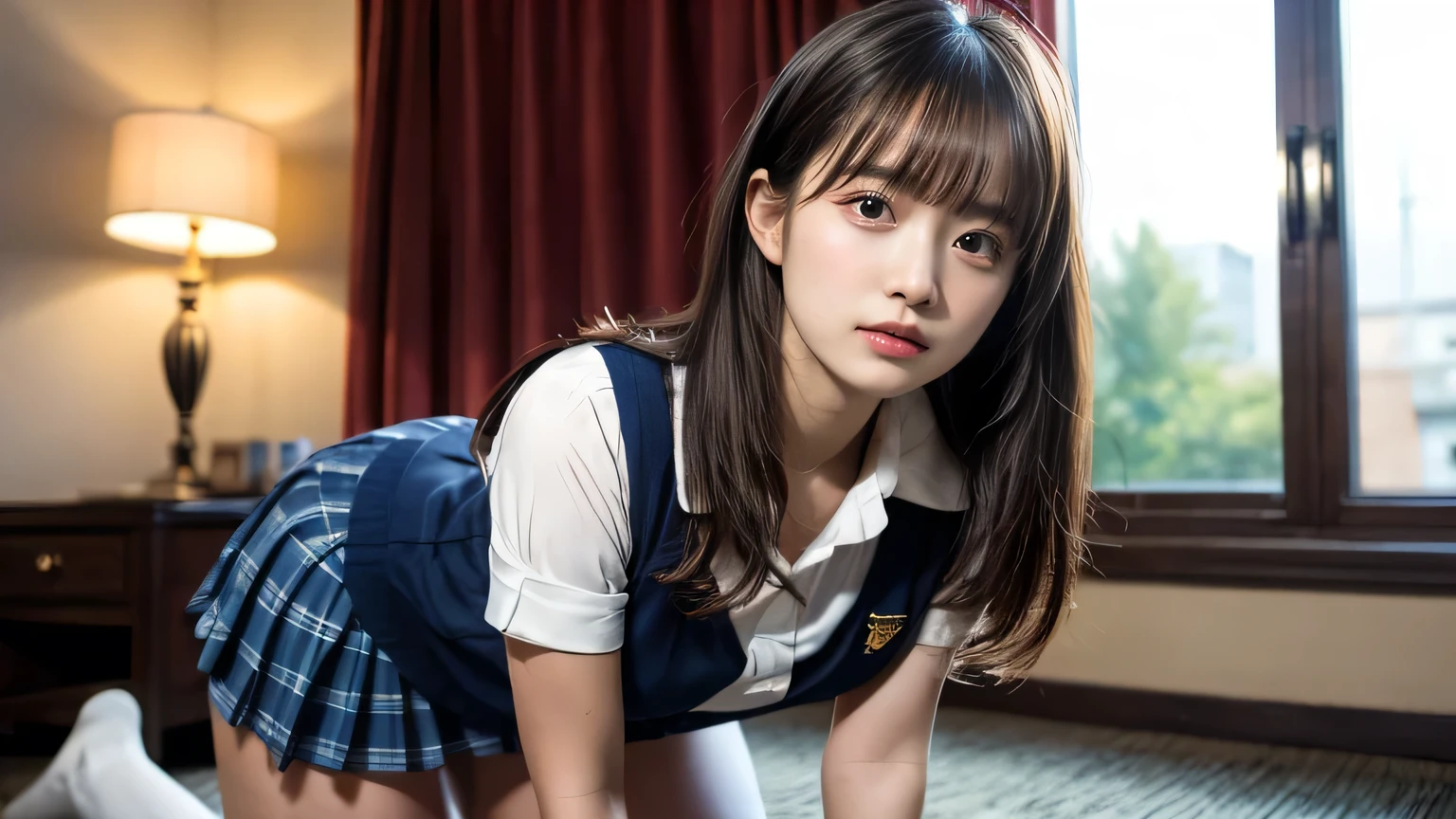 Best-quality, Masterpiece, Ultra-High-Resolution, (Photorealistic:1.4), Raw-Photo, depth of field, professional-lighting, from below, cowboy-shot, 1girl, 15-years-old, the most famous Japanese idol, at school stairway, solo, wearing white panties under navy-blue pleated skirt on lower-body and white-blouse under navy-blue sweater-vest on upper-body, blush, looking back, (extremely cute face, ((extremely cute and extremely big eyes)), extremely cute hairstyle, realistic-skins), childish-body, detailed navy-blue-pleated-skirt, detailed navy-blue-sweater-vest