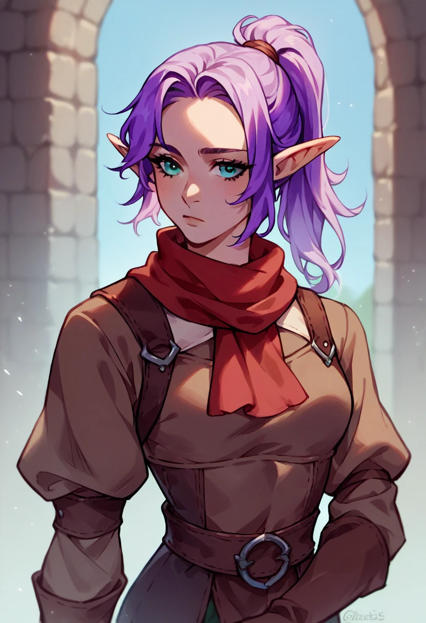 score_9, score_8_up, score_7_up, score_6_up, score_5_up, score_4_up, (source_anime), lilac hair, elf, high ponytail, (teal eyes), brown rogue thief clothes, red neck scarf, 1girl, solo, fantasy, medieval, curved shortsword