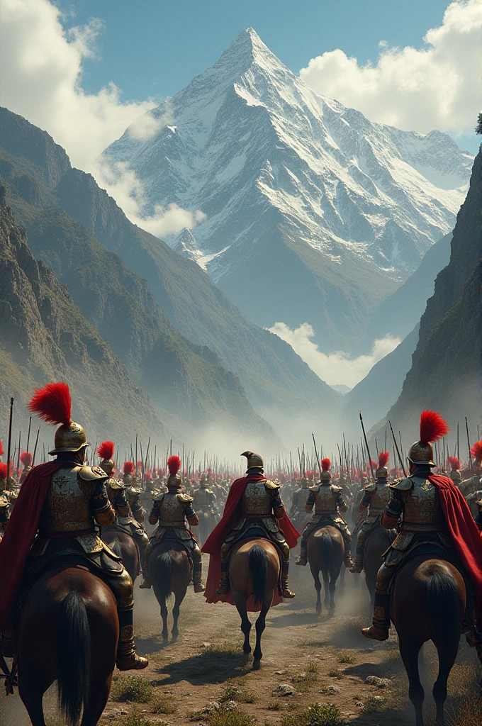 Imagine a scene where Leonidas and his 8000 warriors are standing in a line, facing off against a massive Persian army. The Persians are shown in the background, with their weapons raised, ready to attack. Leonidas and his warriors are shown in the foreground, with their shields raised and spears at the ready. The image is set against a dramatic backdrop of mountains and clouds, epic, realistic, 8k