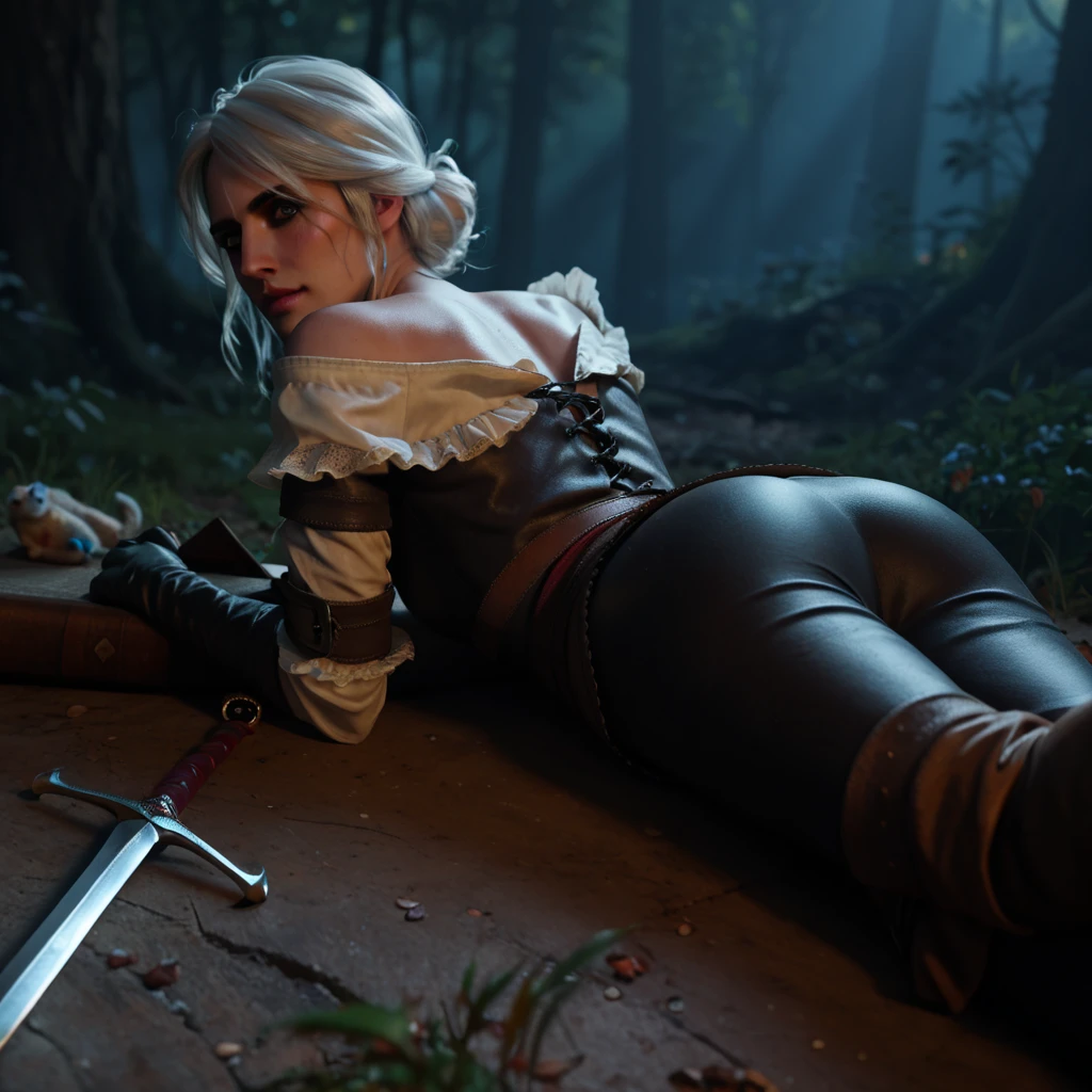 witch with sword laying on ground in dark forest with light, a picture by Matija Jama, trending on cg society, renaissance, ciri from the witcher, ciri holding a cat, ciri, the witcher 3, witcher 3, witcher, the witcher, from witcher (2021), gwent, mother of witchers, witcher))