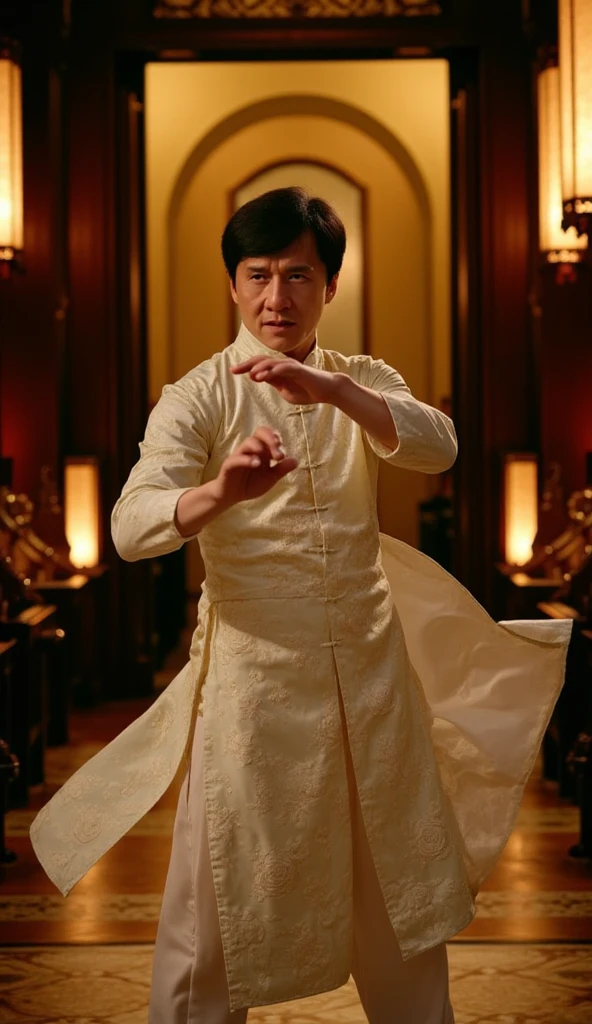 Jackie Chan wearing a flowing traditional Chinese costume adorned with intricate patterns, standing gracefully in the middle of a large wooden doorway. The view is from inside the house, showcasing a dimly lit traditional Chinese interior with ornate wooden furniture and soft lantern light casting a warm glow. Jackie is caught mid-motion, his robe gently swaying as if stirred by a light breeze. He holds a poised, focused expression, his hand raised slightly as though about to perform a martial arts move, adding a sense of dynamic energy to the serene setting