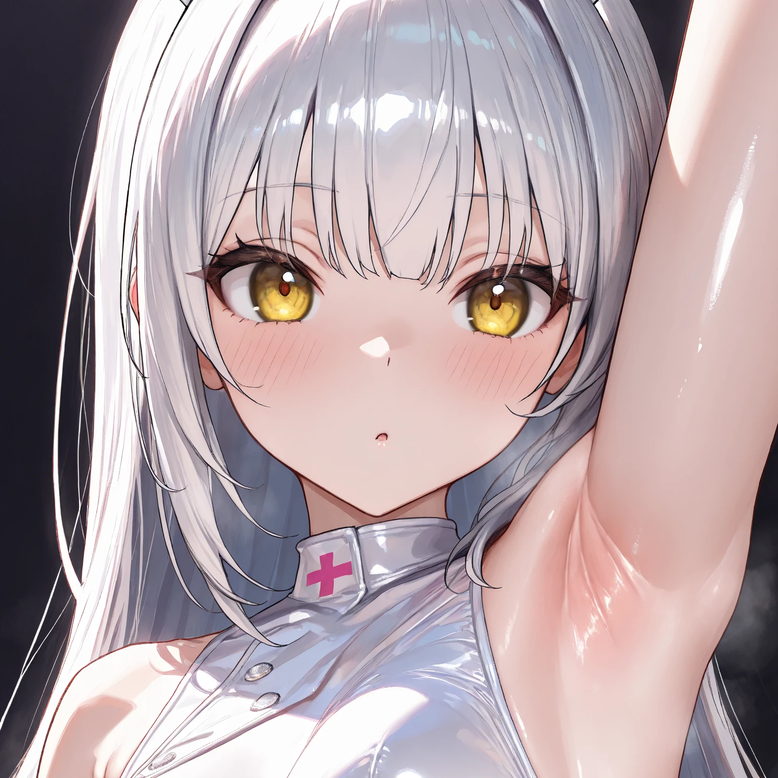 (Masterprice, HDR, 2k, High Resolution) 1girl, White Latex, Perfect Body, White Shiny Hair, Long Hair, Yellow Eyes, Bunny Ears ((Digust Expression, Armpits, Arm Up, Armpit Crease, Armpits Detailed, Perfect Armpits, Shiny Armpits, Zoom Armpits, Focus Armpits, More Detailed Armpits, Armpits Focus, Side Armpits Look)) Simple Background Hospital