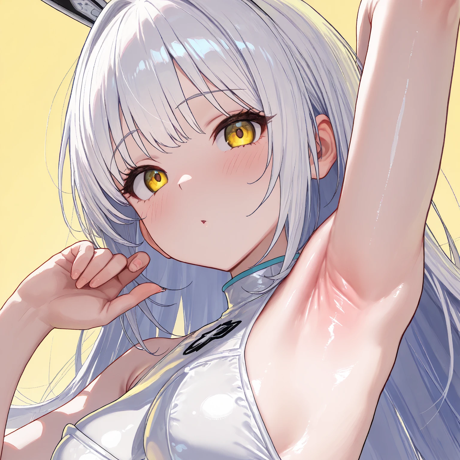 (Masterprice, HDR, 2k, High Resolution) 1girl, White Latex, Perfect Body, White Shiny Hair, Long Hair, Yellow Eyes, Bunny Ears ((Digust Expression, Armpits, Arm Up, Armpit Crease, Armpits Detailed, Perfect Armpits, Shiny Armpits, Zoom Armpits, Focus Armpits, More Detailed Armpits, Armpits Focus, Side Armpits Look)) Simple Background Hospital