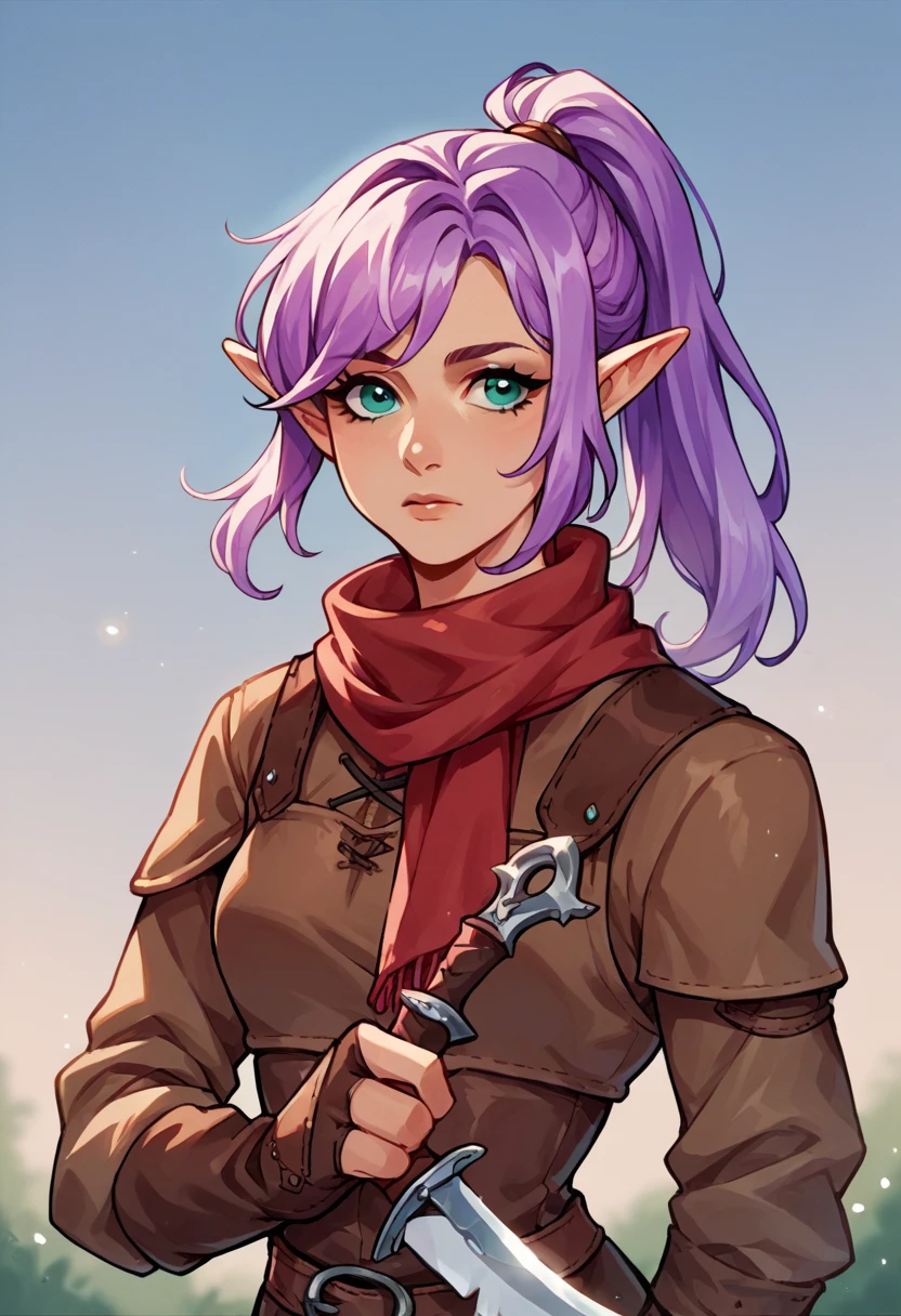 score_9, score_8_up, score_7_up, score_6_up, score_5_up, score_4_up, (source_anime), lilac hair, elf, high ponytail, (teal eyes), brown rogue thief clothes, red neck scarf, 1girl, solo, fantasy, medieval, dagger