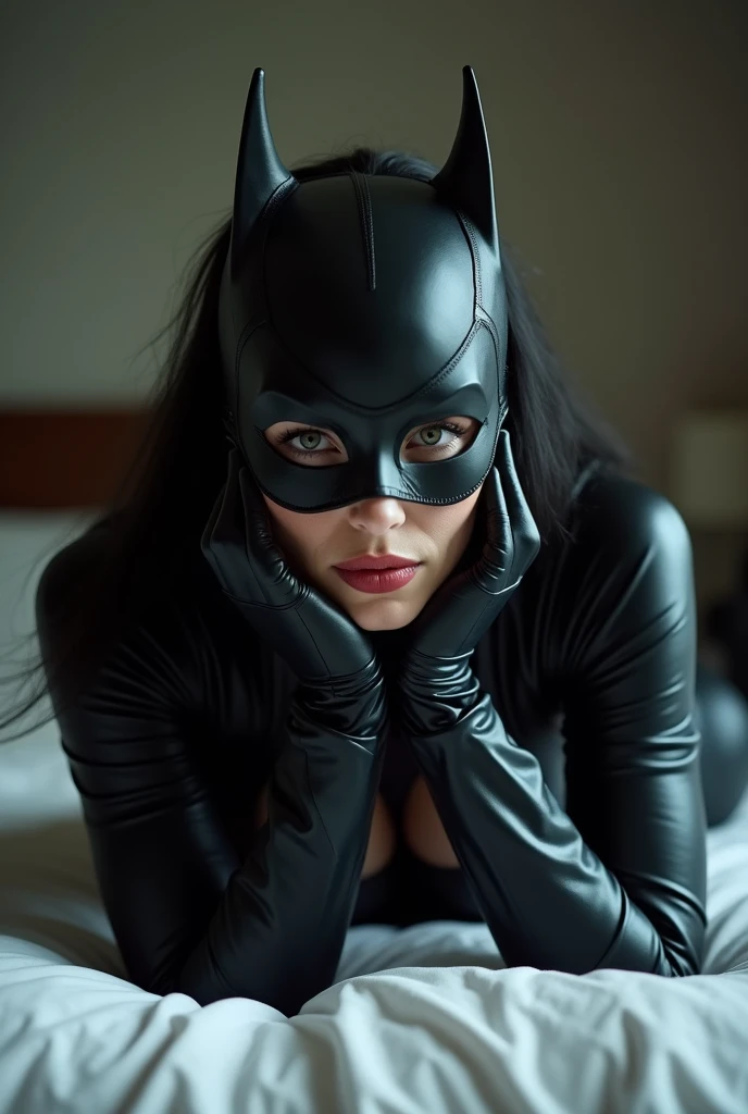 Catwoman in a scenario where she has been captured and tied up. She is shown lying on her side, bound with ropes, and her costume appears torn in various places. The text on the image reads: "Captured by the Penguin's henchmen, Catwoman prepares to face the birdman's wrath!"