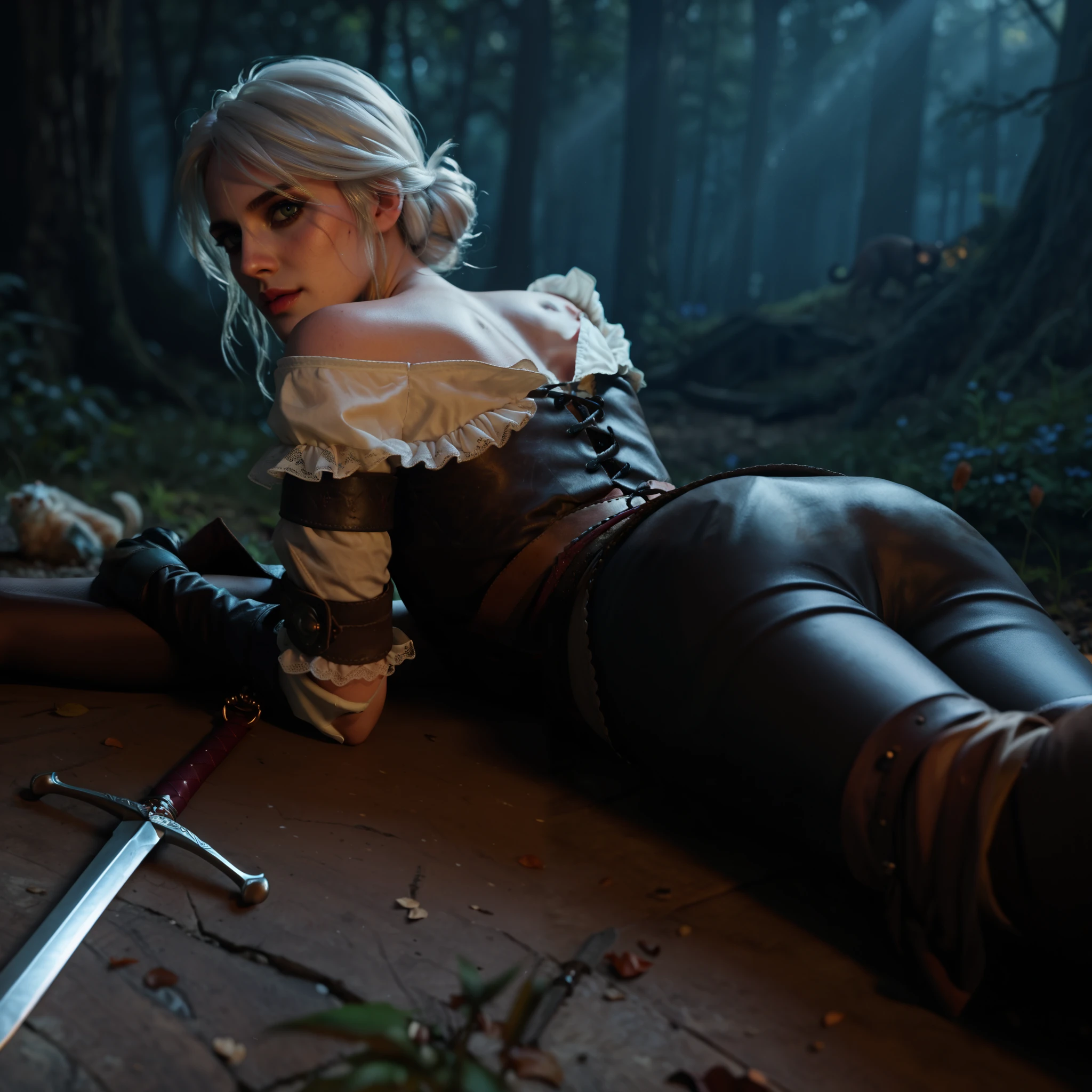 witch with sword laying on ground in dark forest with light, a picture by Matija Jama, trending on cg society, renaissance, ciri from the witcher, ciri holding a cat, ciri, the witcher 3, witcher 3, witcher, the witcher, from witcher (2021), gwent, mother of witchers, witcher))