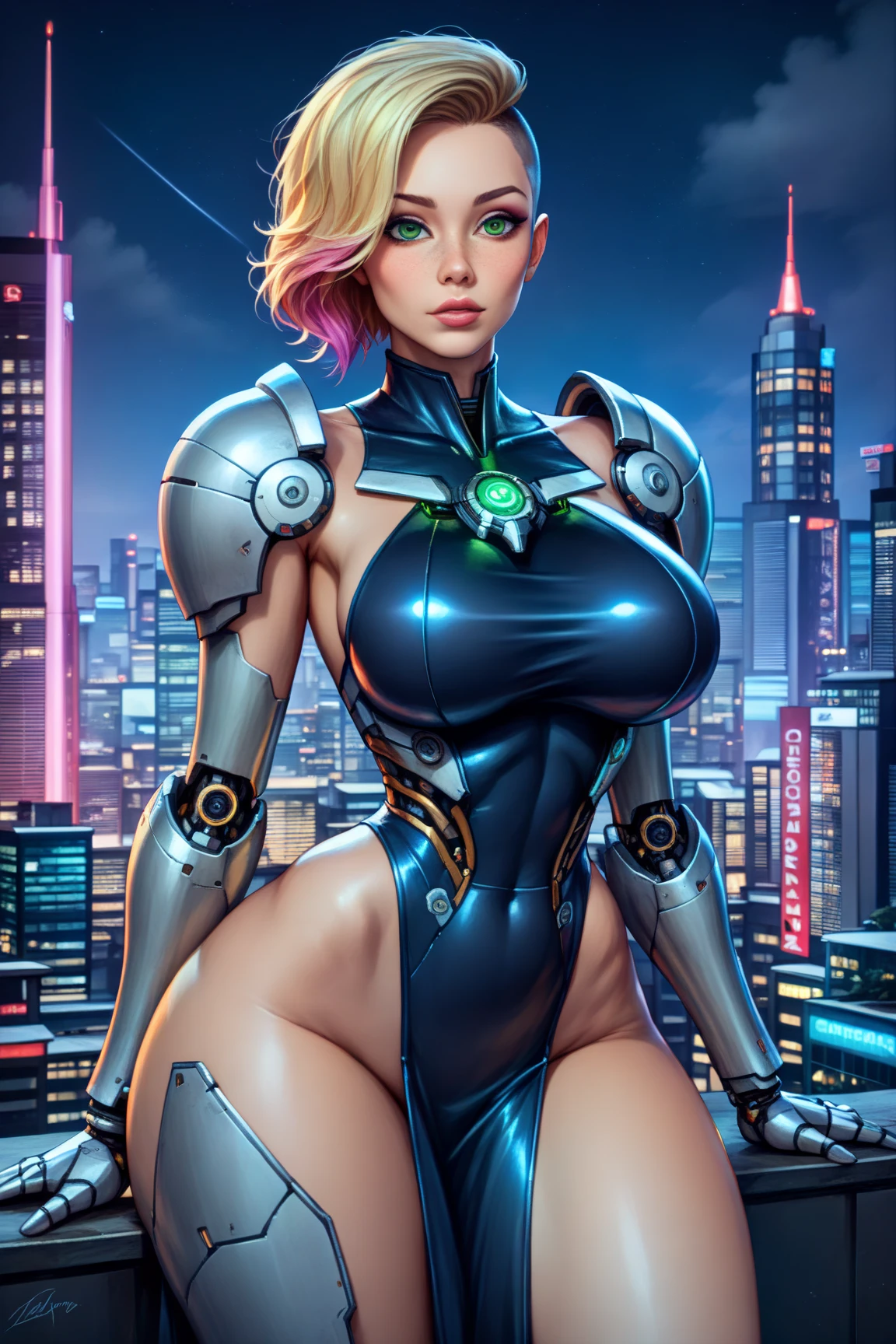 A beautiful young hyper-feminine female character with a perfect curvy body, detailed face, detailed eyes, detailed lips, detailed chest, highest quality, masterpiece, hyper-realistic, extremely detailed, intricate details, ultra high resolution, 8k, oblong face, (narrow shoulders:1.7), (large breasts:1.7), full breasts, perky breasts, perfect breasts, (tiny waist:1.6), flat stomach, (large hips:1.8), (hips wider than shoulders:1.6), (large ass:1.5), firm ass, perky ass, perfect ass
BREAK
(fully clothed:1.2), (futuristic high tech sci-fi power armored battle dress:1.3), arms and legs fully covered in power armor, outdoors cityscape at night, combat stance
BREAK
(healthy glowing skin), shiny oily skin, short wavy blonde hair with undercut, gradient hair, metallic highlights in hair, large green eyes, freckles, makeup, glossy lips, large full lips, cybernetic implants