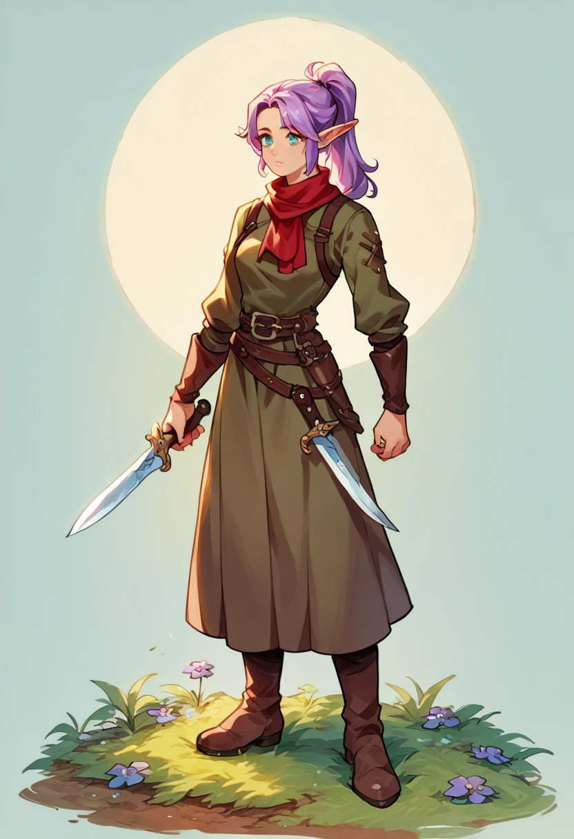 score_9, score_8_up, score_7_up, score_6_up, score_5_up, score_4_up, (source_anime), lilac hair, elf, high ponytail, (teal eyes), brown rogue thief clothes, red neck scarf, 1girl, solo, fantasy, medieval, dagger, full body, standing 