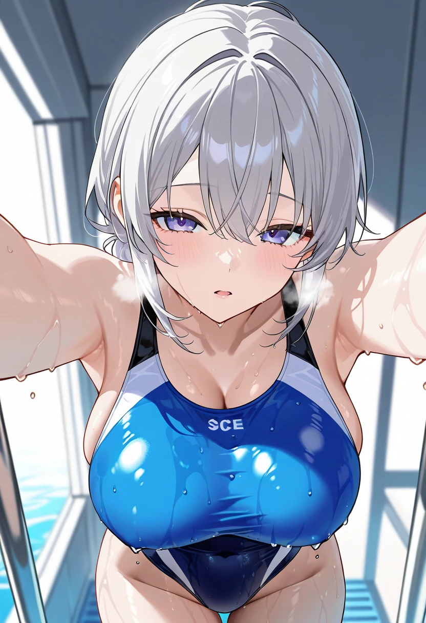 (( top quality)), ((masterpiece)), (  Details),  1 girl,  sexy, large breasts, competition swimsuit, wet, aroused, in heat, heavy breathing, nsfw