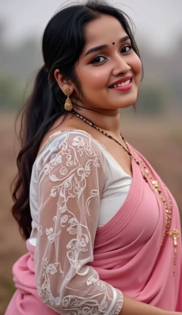 front view, extreme long shot photo of sexy indian, look at viewer and subtle smile, curvy athletic figure, open arms, sexy armpits, sweating, doing push ups in fog, ponytail, necklace, white see through lace bra, pink blouse saree, glossy lips, (cinematic:1.3), intricate details, (ArtStation:1.2)Ponytail, Ponytail, Ponytail, 